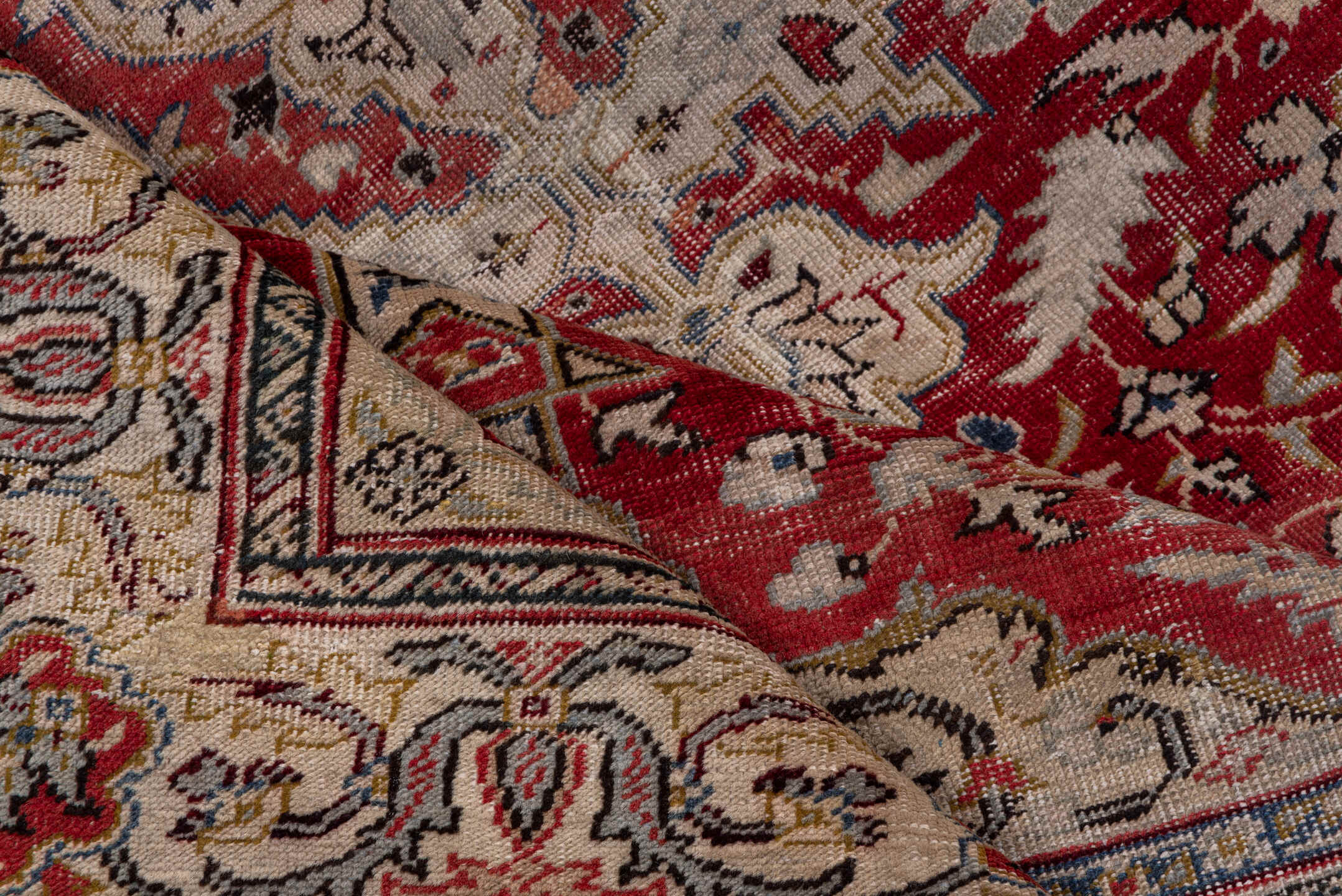 6' x 8' one-of-a-kind handmade vintage Oushak medium size rug. Color palette: red, ivory, beige, blue, taupe, burgundy, gray