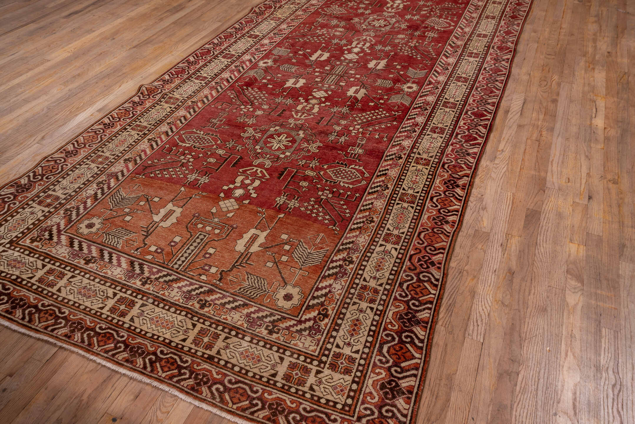 6' x 13' one-of-a-kind handmade vintage Khotan large size rug. Color palette: brown, gray, pink, red, redwood