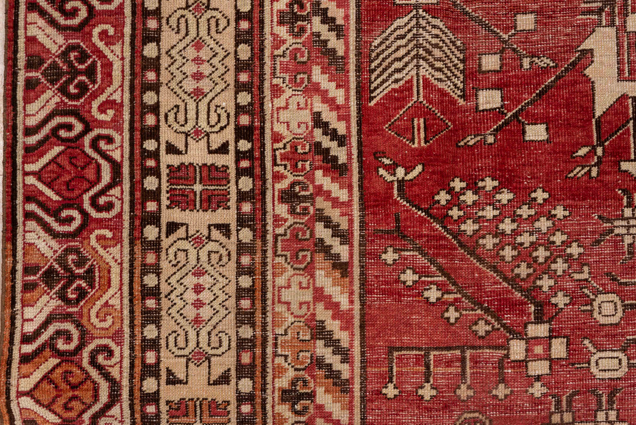 6' x 13' one-of-a-kind handmade vintage Khotan large size rug. Color palette: terra cotta, ivory, rust, camel, sienna, brown