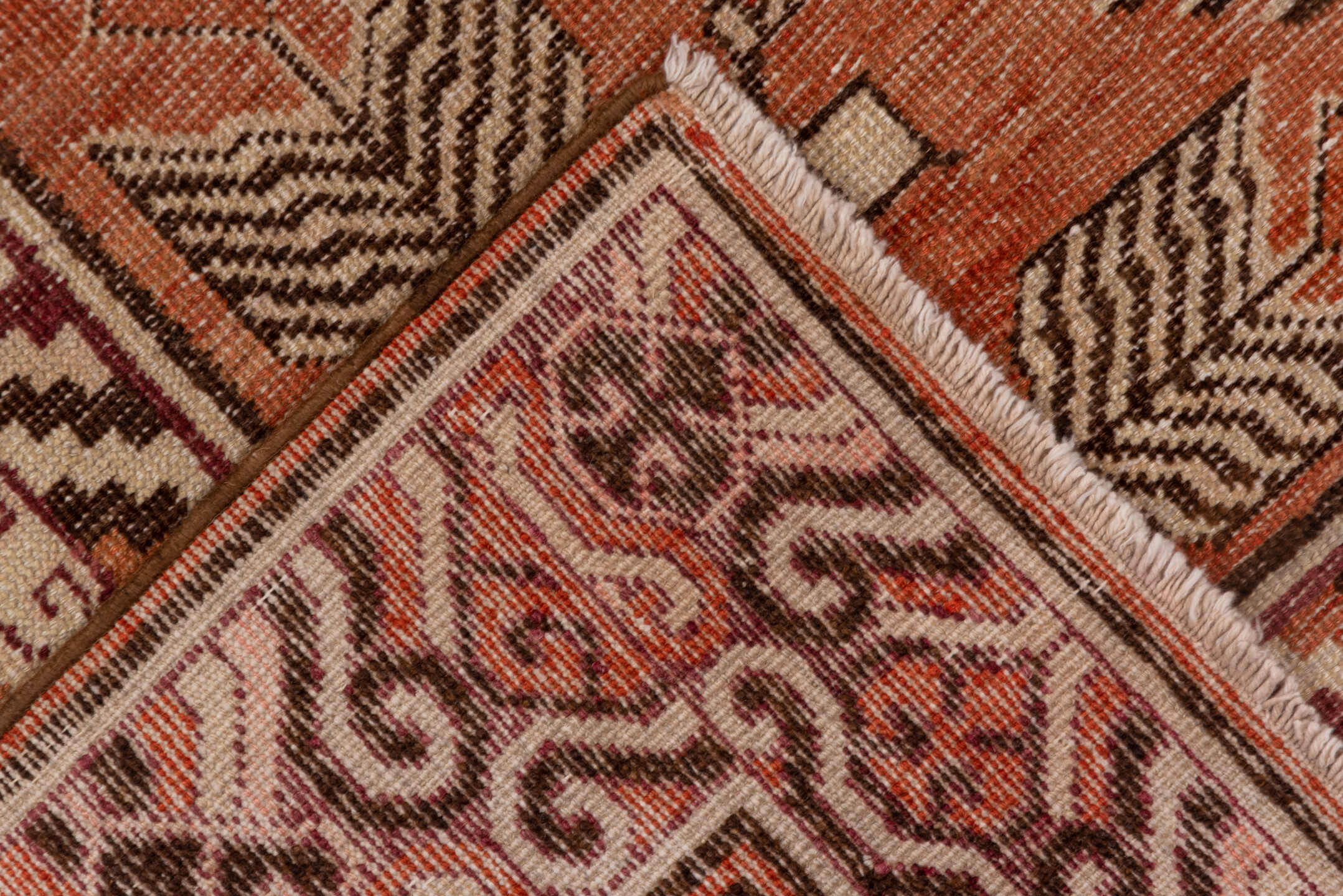 6' x 13' one-of-a-kind handmade vintage Khotan large size rug. Color palette: terra cotta, ivory, rust, camel, sienna, brown