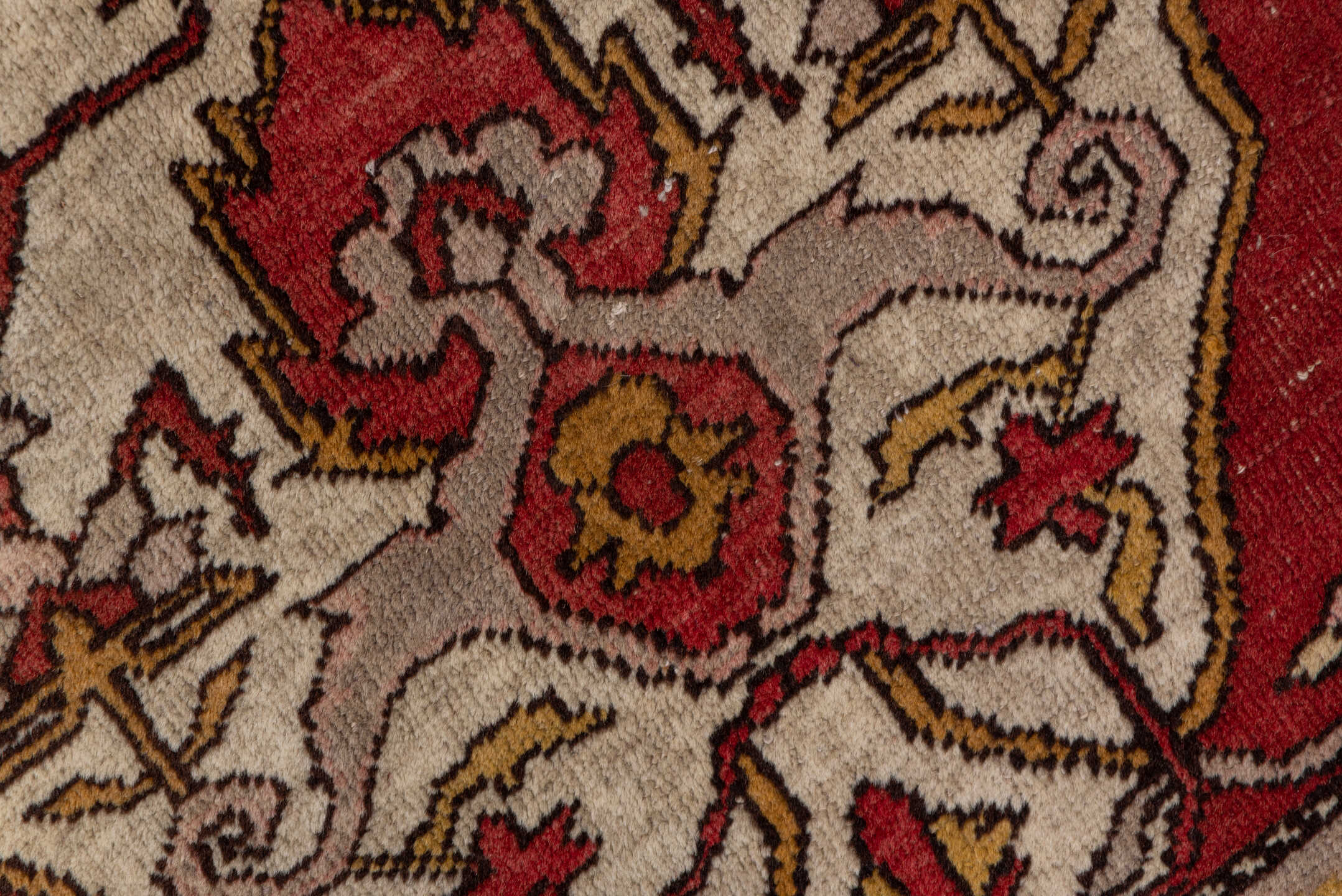 4' x 7' one-of-a-kind handmade vintage Oushak rug. Color palette: ivory, rust, terracotta, crimson, gold, taupe, camel