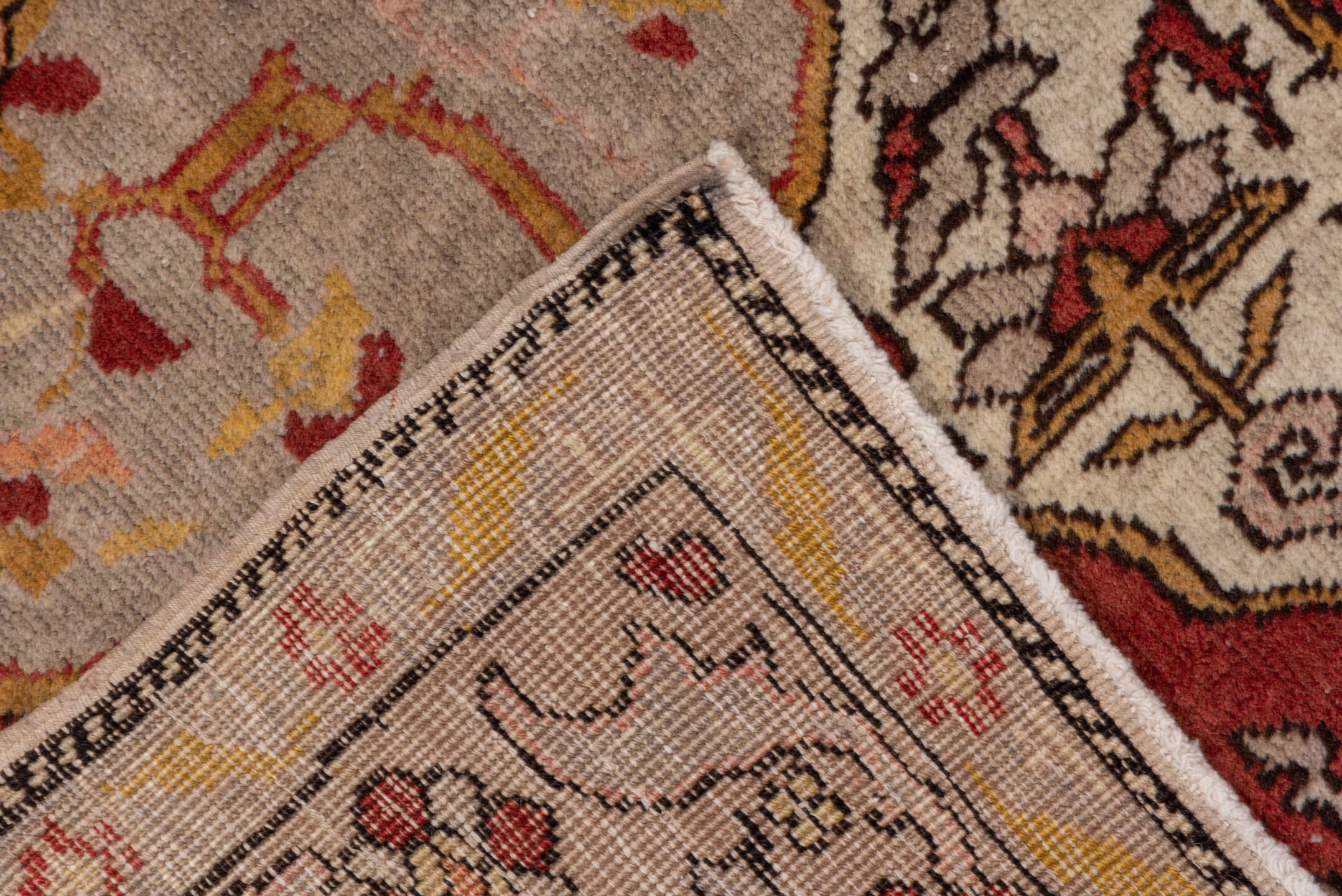 4' x 7' one-of-a-kind handmade vintage Oushak rug. Color palette: brown, pink, gray, red, redwood, saddle brown