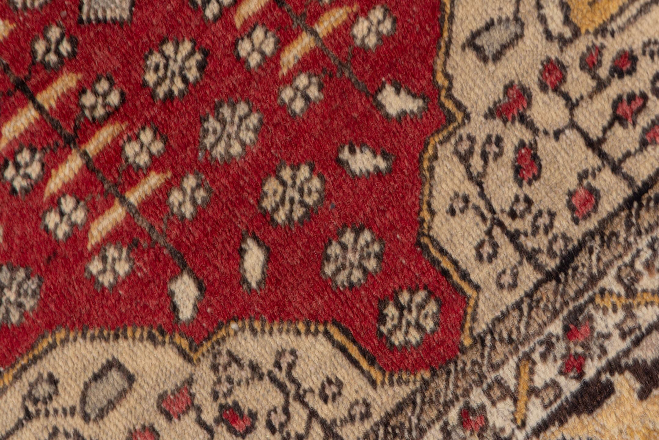 4' x 6' one-of-a-kind handmade vintage Oushak small size rug. Color palette: ivory, red, charcoal, gray, gold, rose, camel