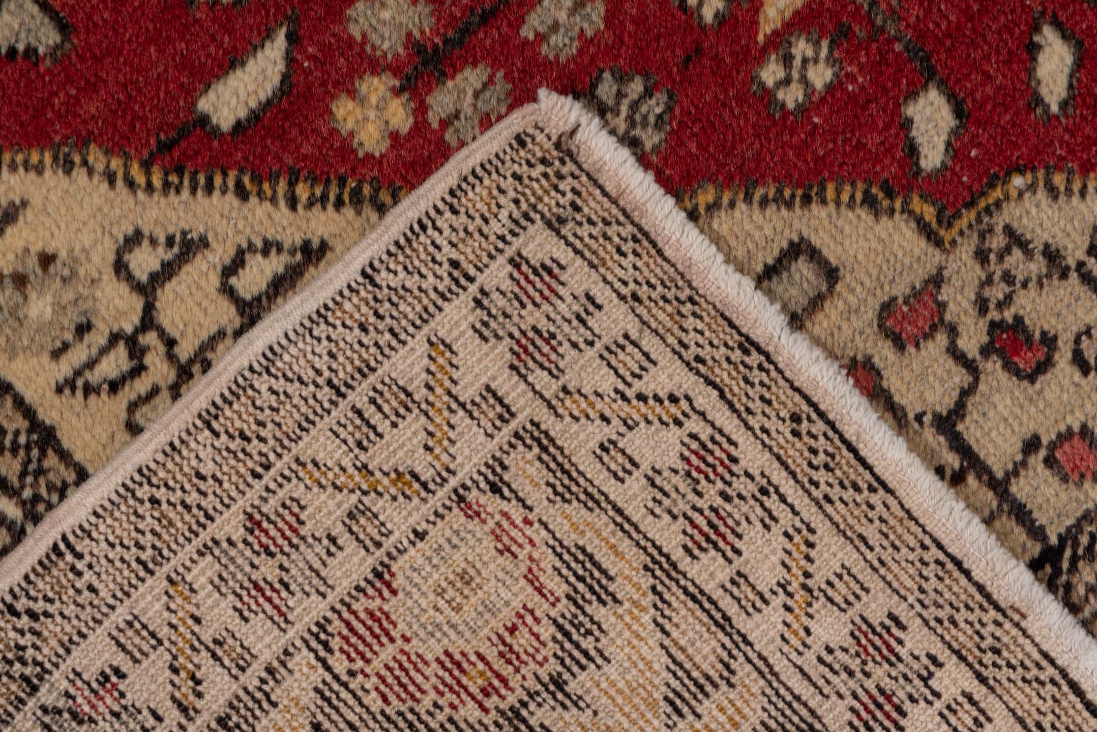 4' x 6' one-of-a-kind handmade vintage Oushak small size rug. Color palette: ivory, red, charcoal, gray, gold, rose, camel