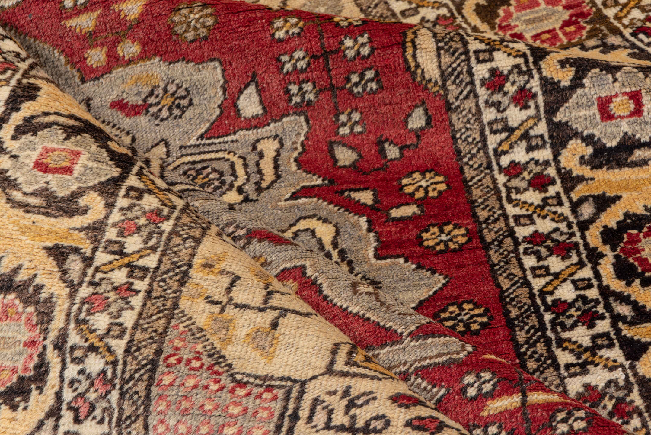 4' x 6' one-of-a-kind handmade vintage Oushak small size rug. Color palette: ivory, red, charcoal, gray, gold, rose, camel