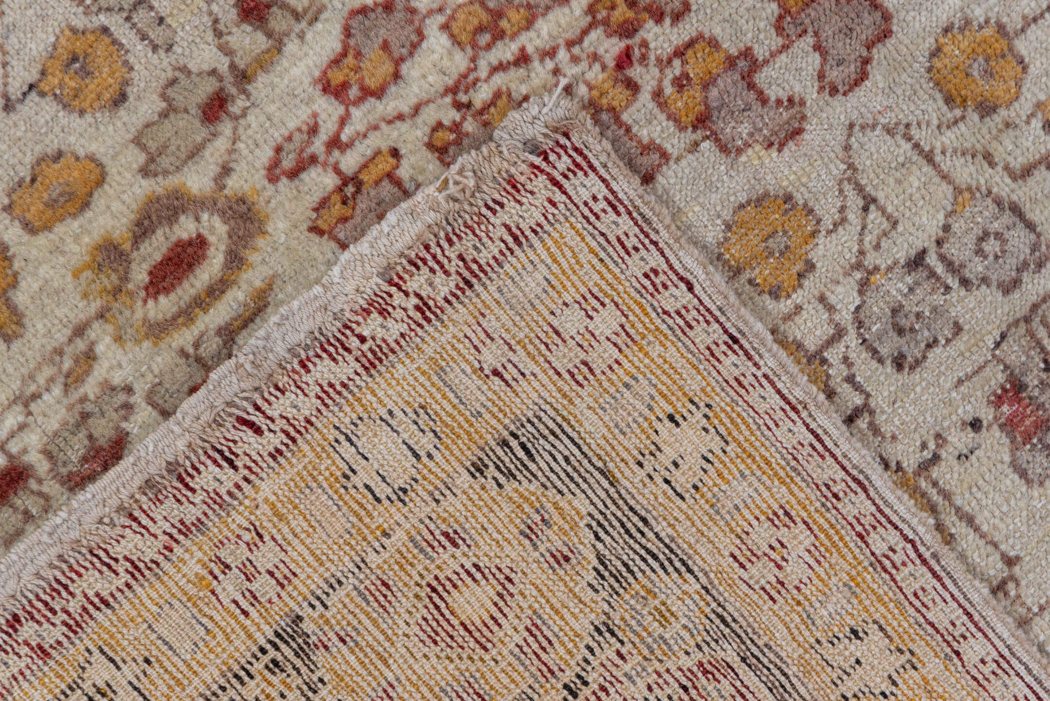 4' x 7' one-of-a-kind handmade vintage Oushak rug. Color palette: brown, burlywood, off-white, orange, pink, yellow