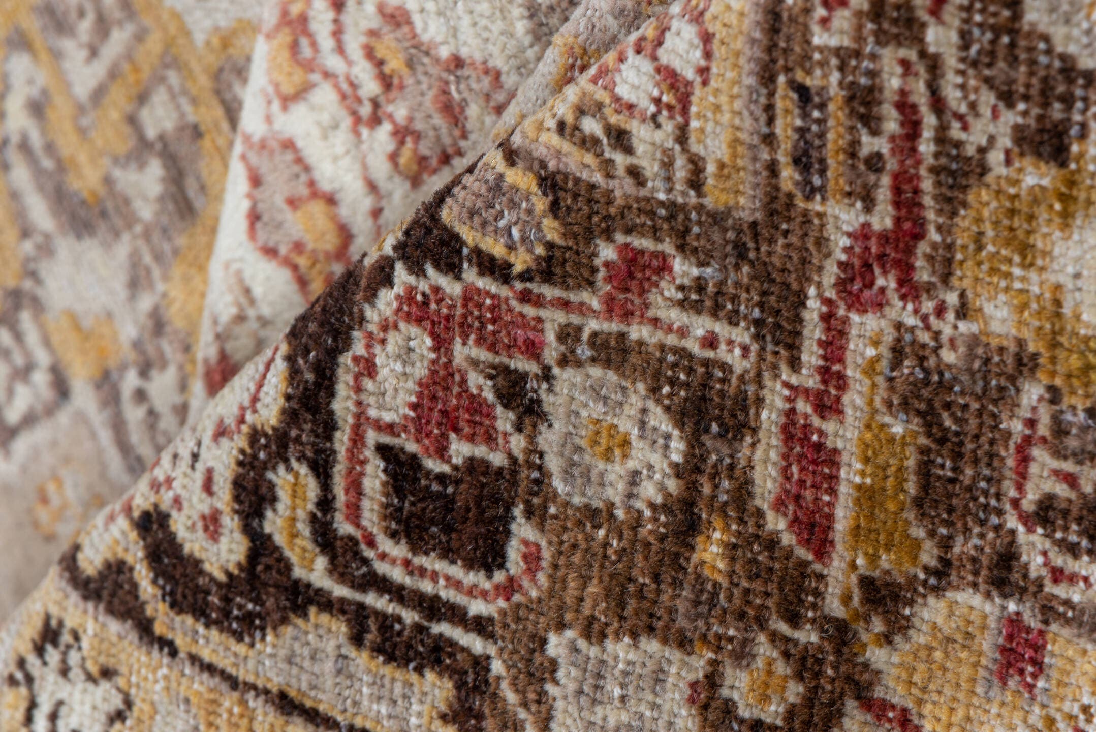 4' x 7' one-of-a-kind handmade vintage Oushak rug. Color palette: ivory, gold, brown, taupe, rose, camel, charcoal, beige