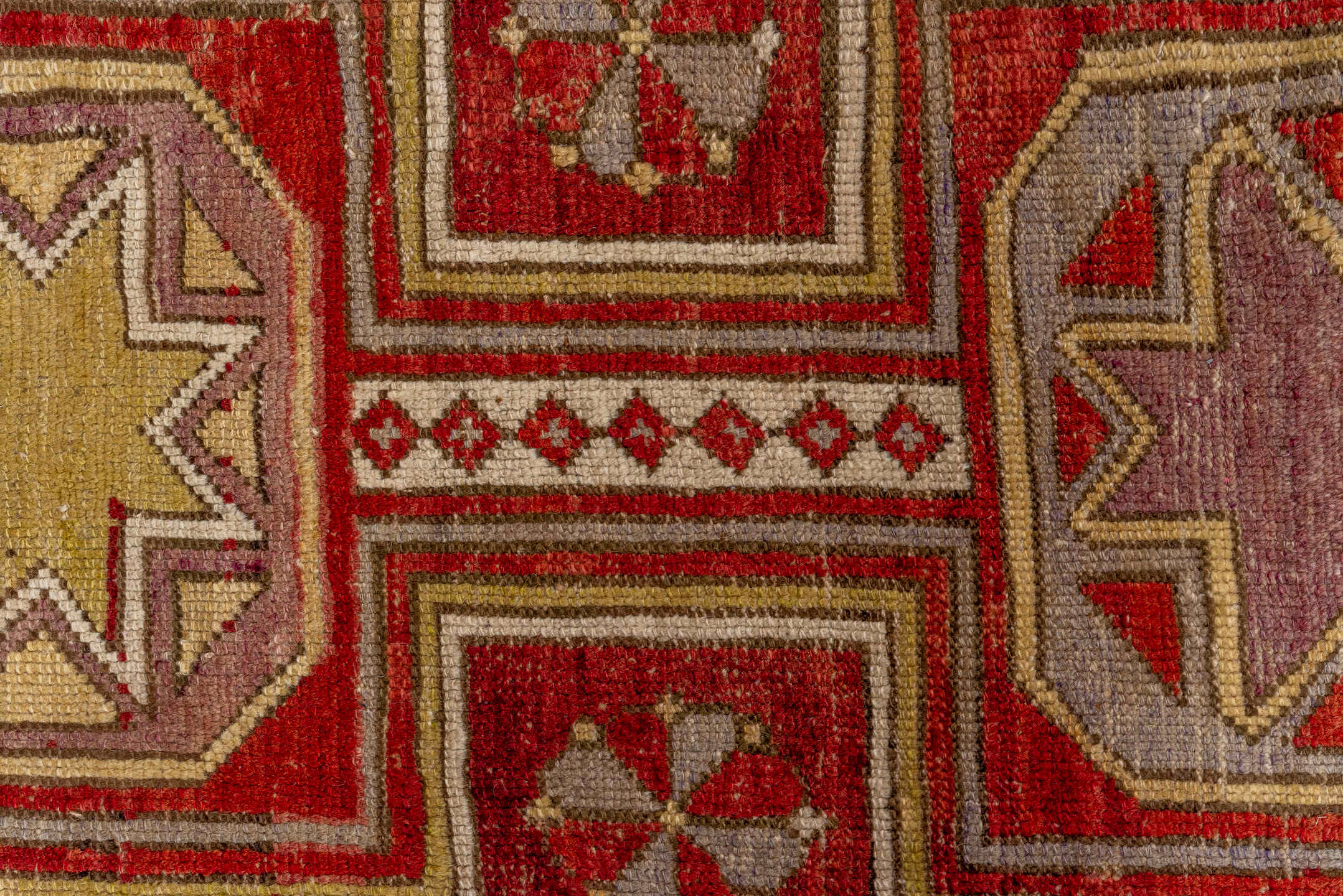 4' x 9' one-of-a-kind handmade vintage Oushak rug. Color palette: red, ivory, taupe, lavender, rust, gold, brown, beige