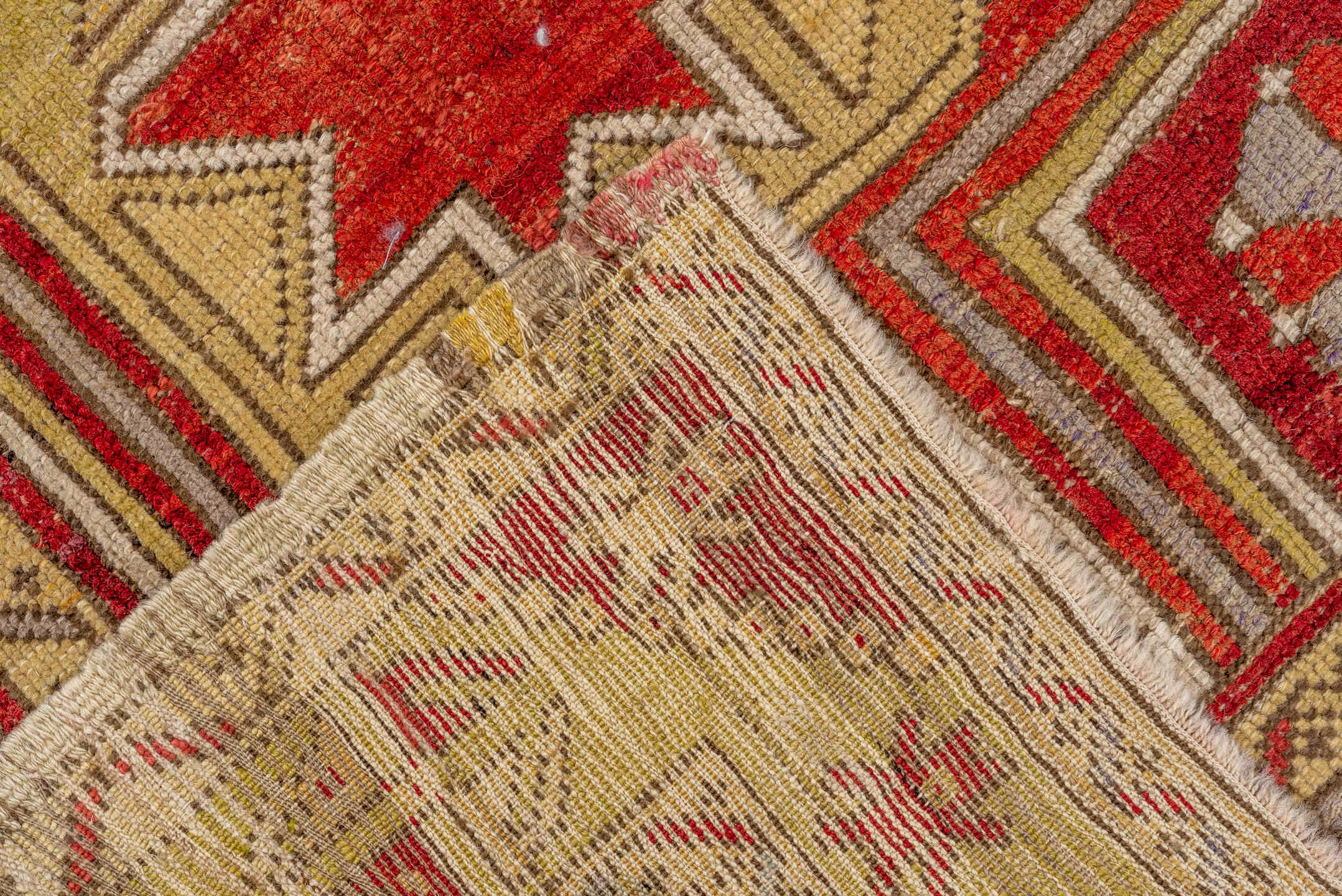 4' x 9' one-of-a-kind handmade vintage Oushak rug. Color palette: red, ivory, taupe, lavender, rust, gold, brown, beige