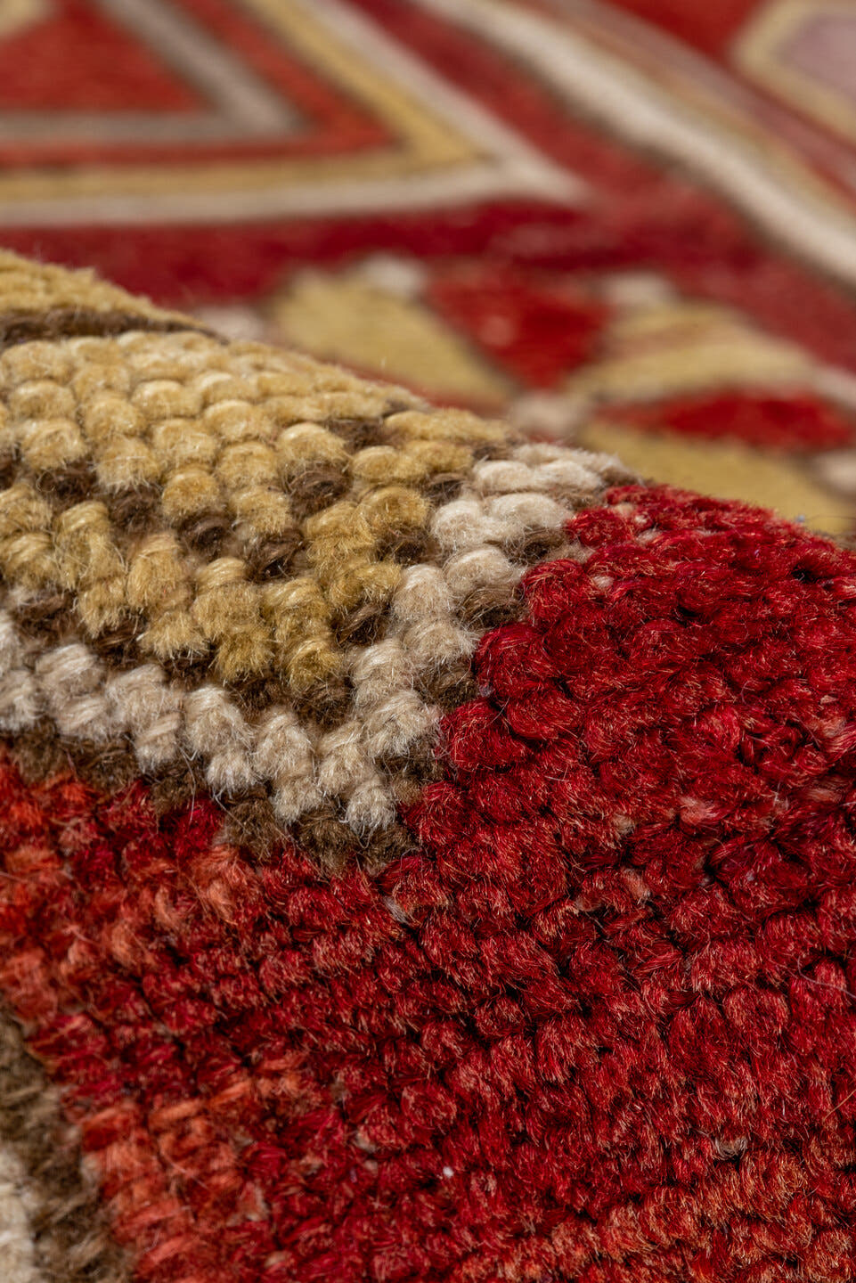 4' x 9' one-of-a-kind handmade vintage Oushak rug. Color palette: red, ivory, taupe, lavender, rust, gold, brown, beige