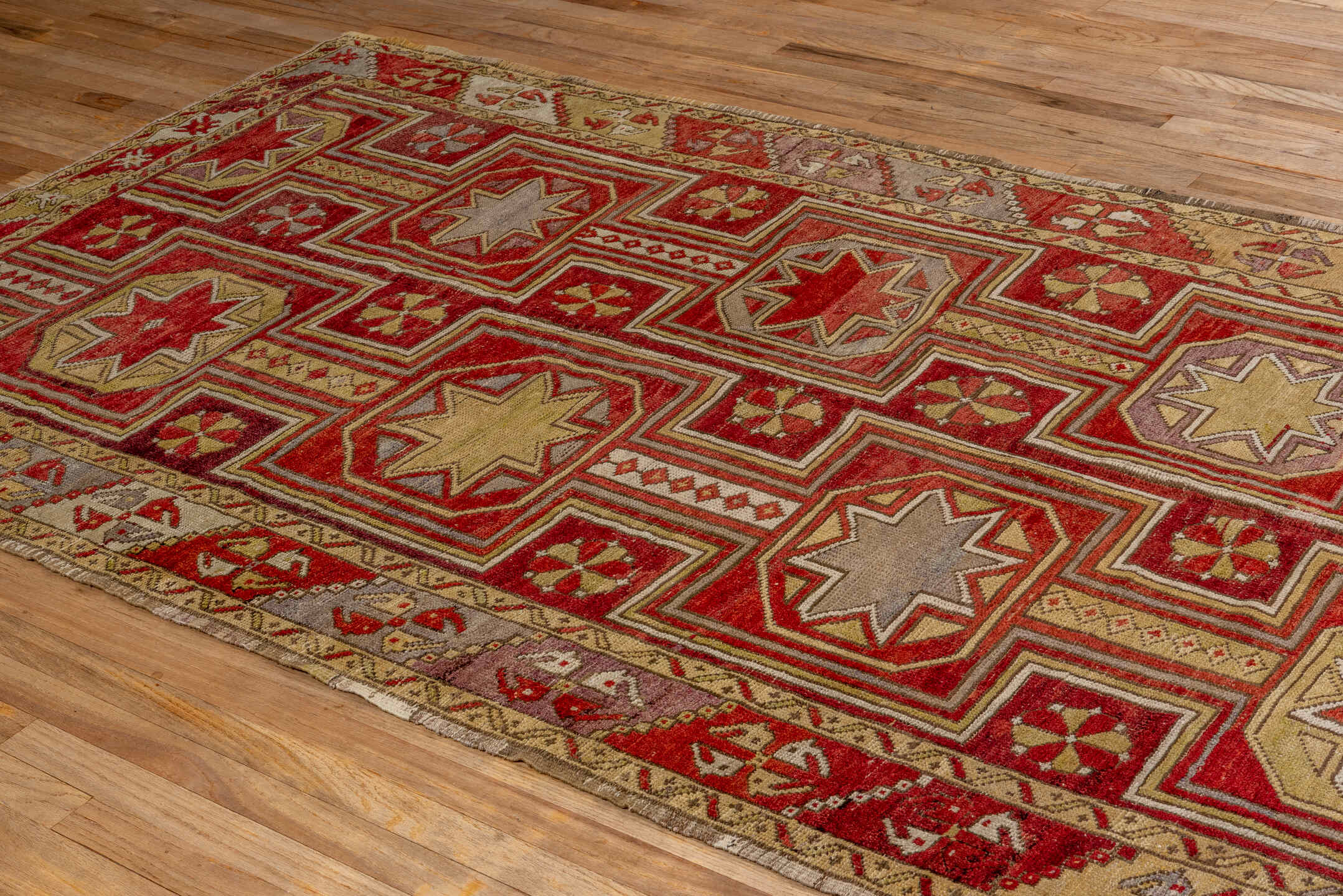 4' x 9' one-of-a-kind handmade vintage Oushak rug. Color palette: red, ivory, taupe, lavender, rust, gold, brown, beige