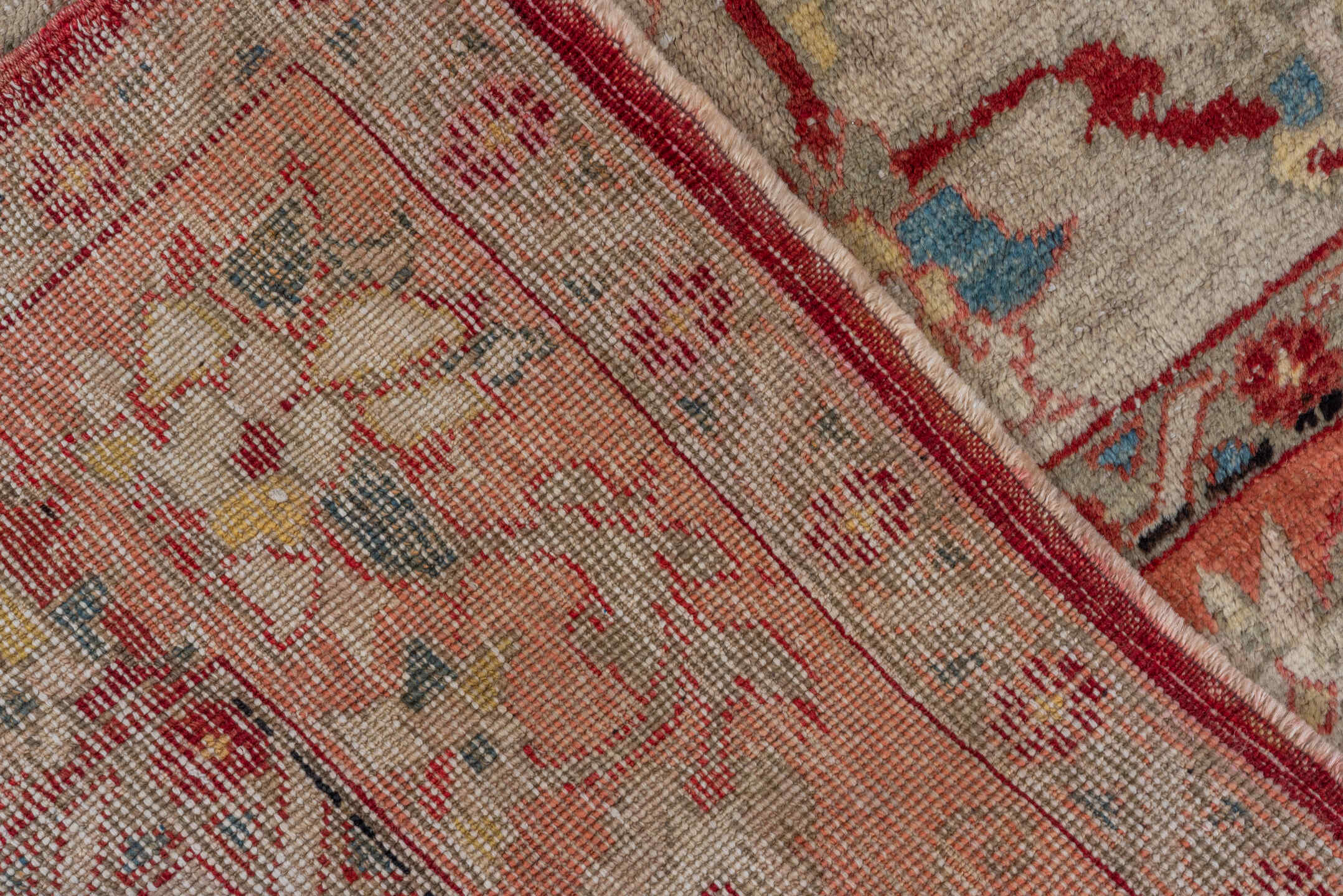 7' x 11' one-of-a-kind handmade vintage Oushak large size rug. Color palette: rust, ivory, terra cotta, muted blue, sage