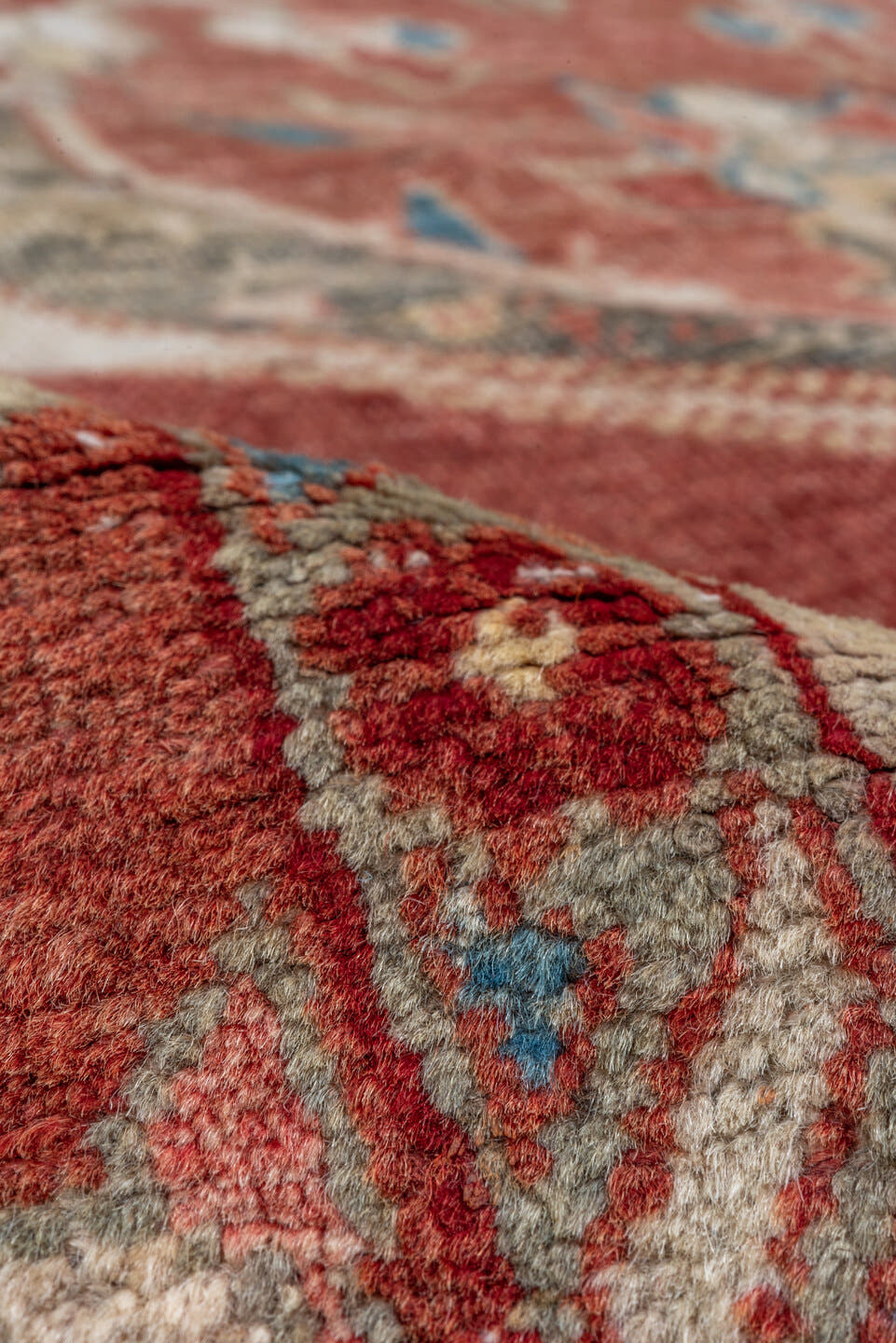 7' x 11' one-of-a-kind handmade vintage Oushak large size rug. Color palette: rust, ivory, terra cotta, muted blue, sage