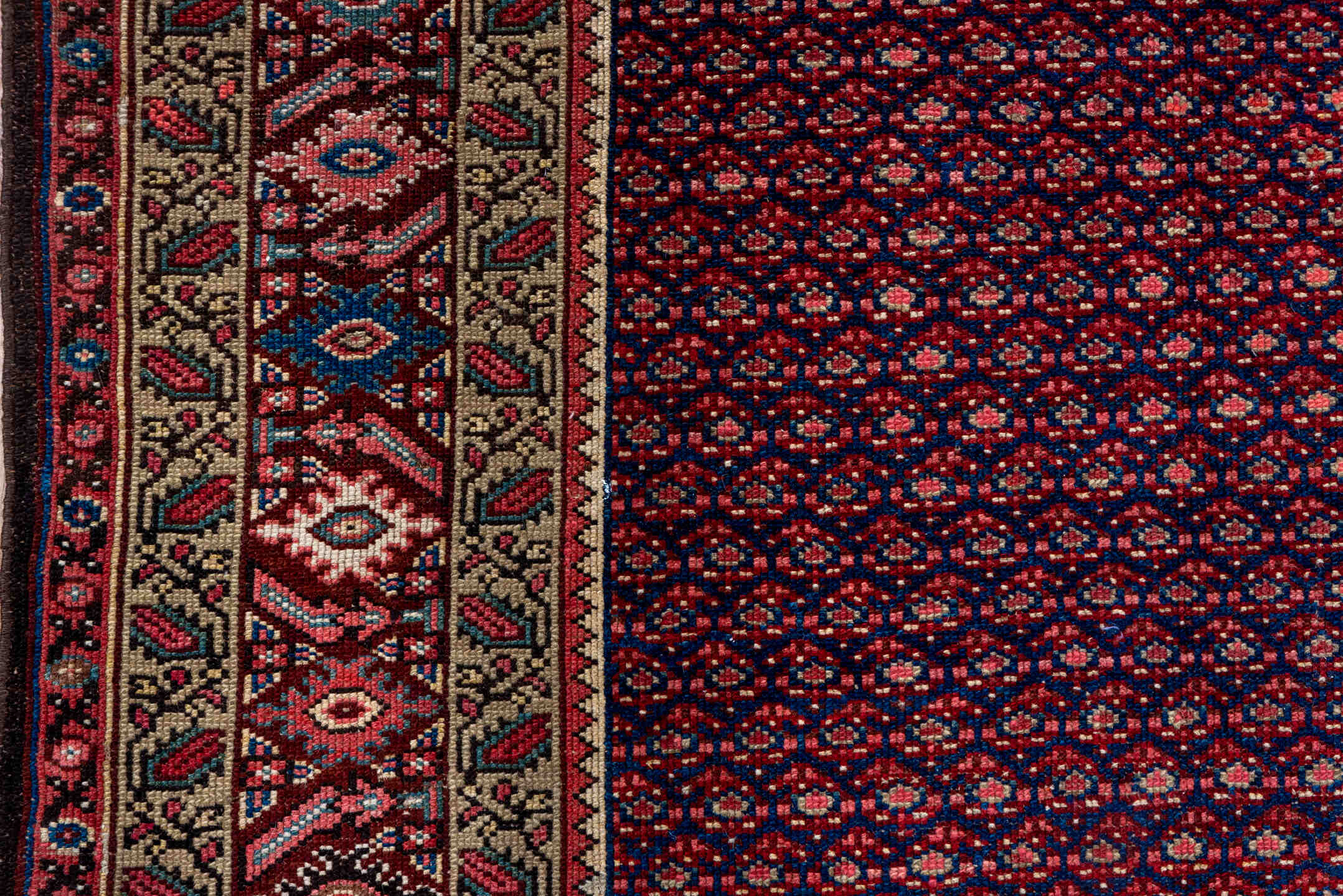 4' x 8' one-of-a-kind handmade vintage Malayer rug. Color palette: burgundy, ivory, navy, rust, rose, camel, slate, blue