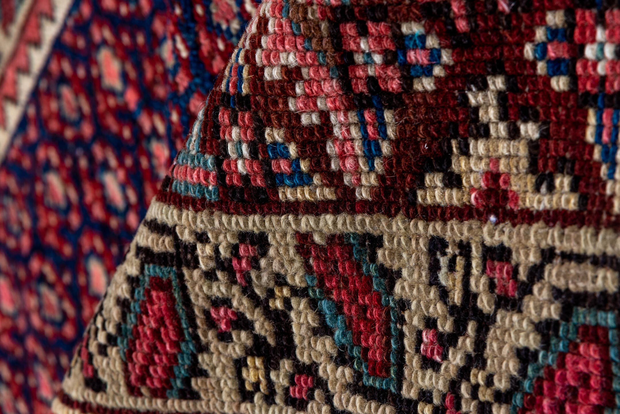 4' x 8' one-of-a-kind handmade vintage Malayer rug. Color palette: burgundy, ivory, navy, rust, rose, camel, slate, blue