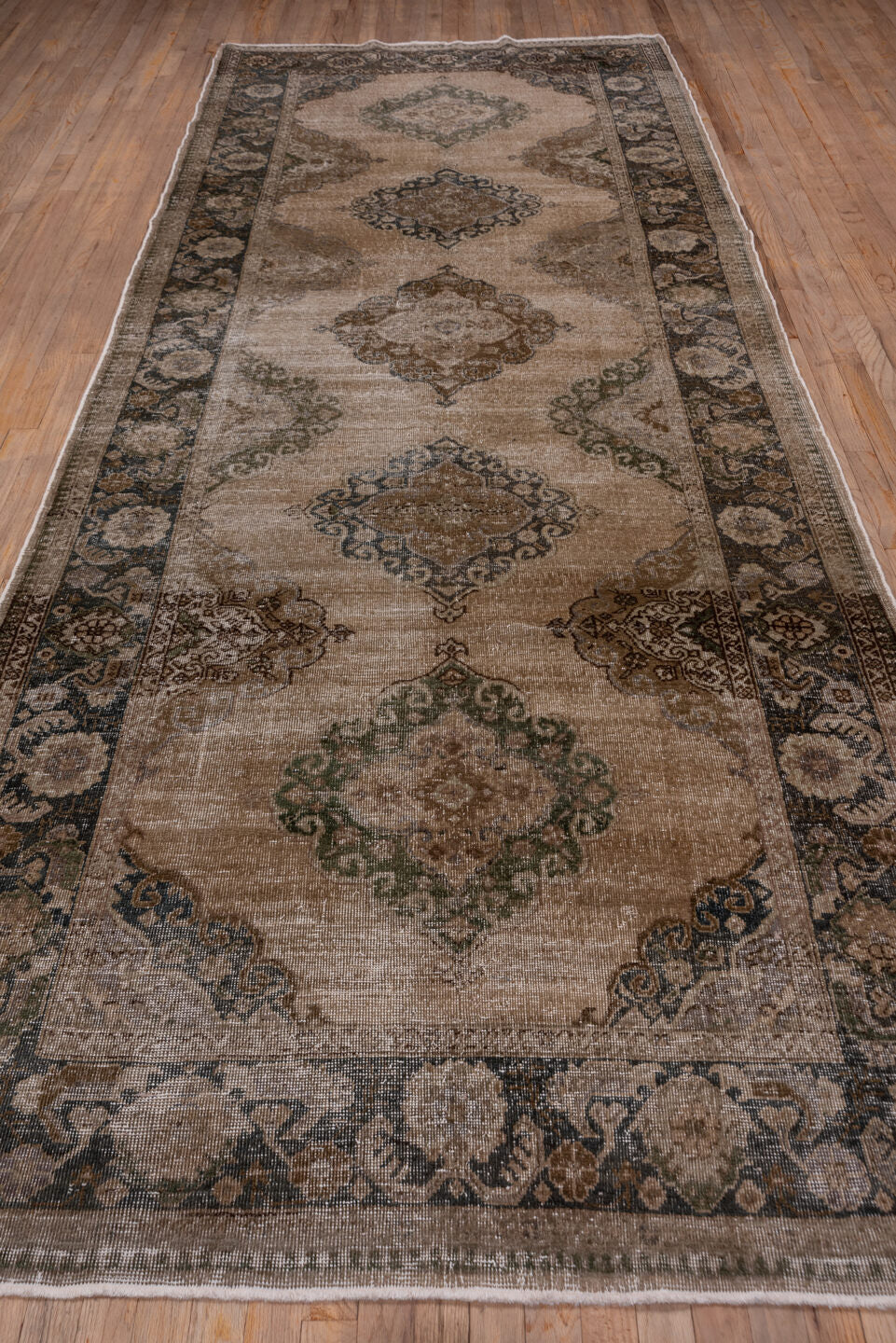 5' x 13' one-of-a-kind handmade vintage Oushak runner rug. Color palette: brown, gray, light gray, off-white, pink