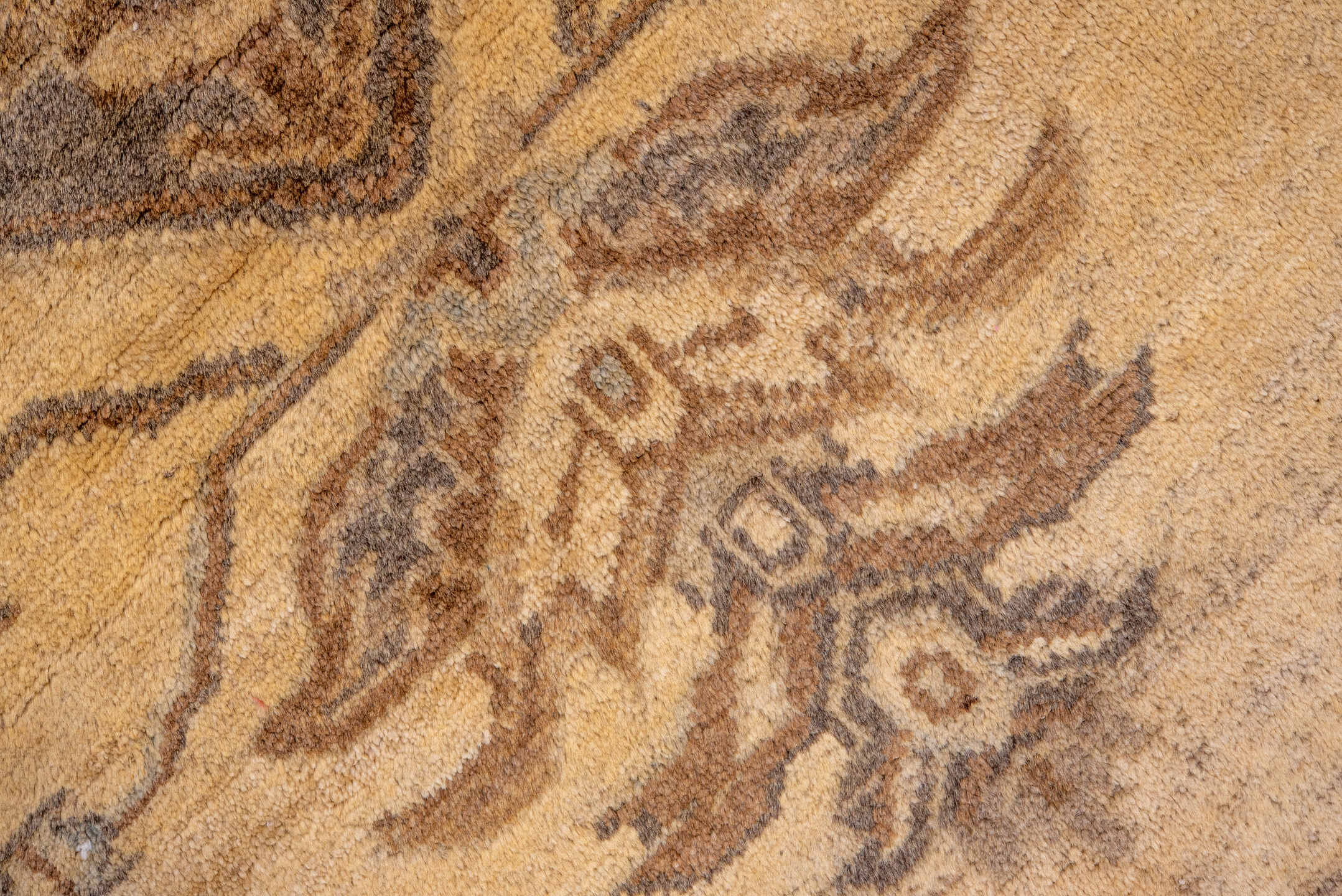 7' x 10' one-of-a-kind handmade vintage Oushak large size rug. Color palette: camel, taupe, brown, ivory, beige, gray
