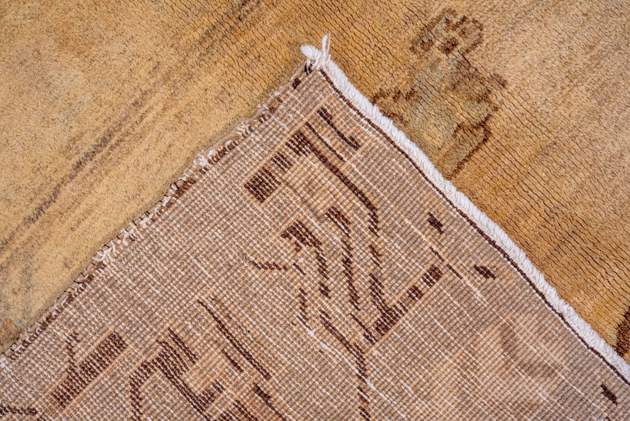 7' x 10' one-of-a-kind handmade vintage Oushak large size rug. Color palette: camel, taupe, brown, ivory, beige, gray