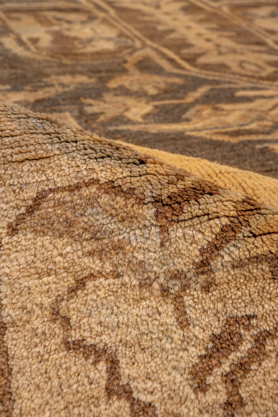 7' x 10' one-of-a-kind handmade vintage Oushak large size rug. Color palette: camel, taupe, brown, ivory, beige, gray