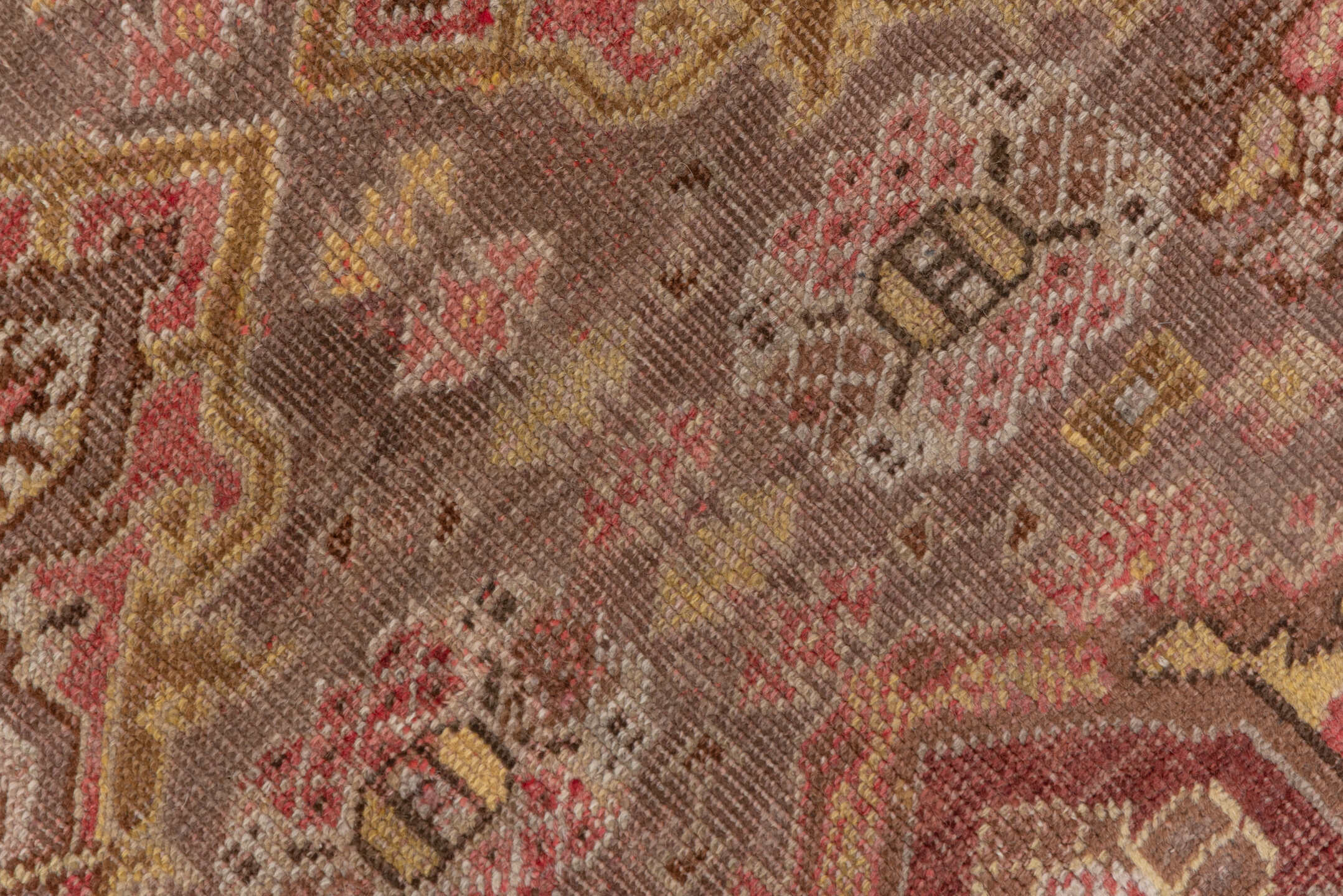 4' x 6' one-of-a-kind handmade vintage Oushak small size rug. Color palette: brown, gray, light gray, off-white, pink, red