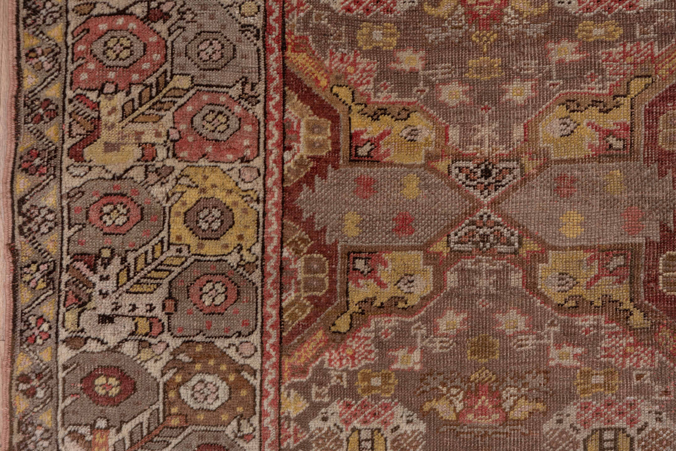 4' x 6' one-of-a-kind handmade vintage Oushak small size rug. Color palette: brown, gray, light gray, off-white, pink, red