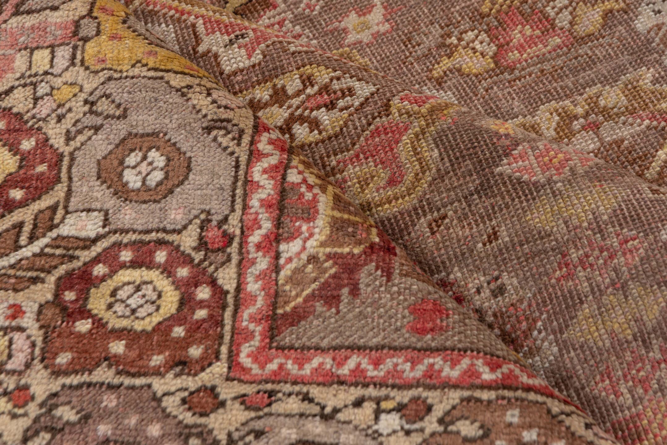 4' x 6' one-of-a-kind handmade vintage Oushak small size rug. Color palette: taupe, rust, ivory, gold, brown, rose, camel