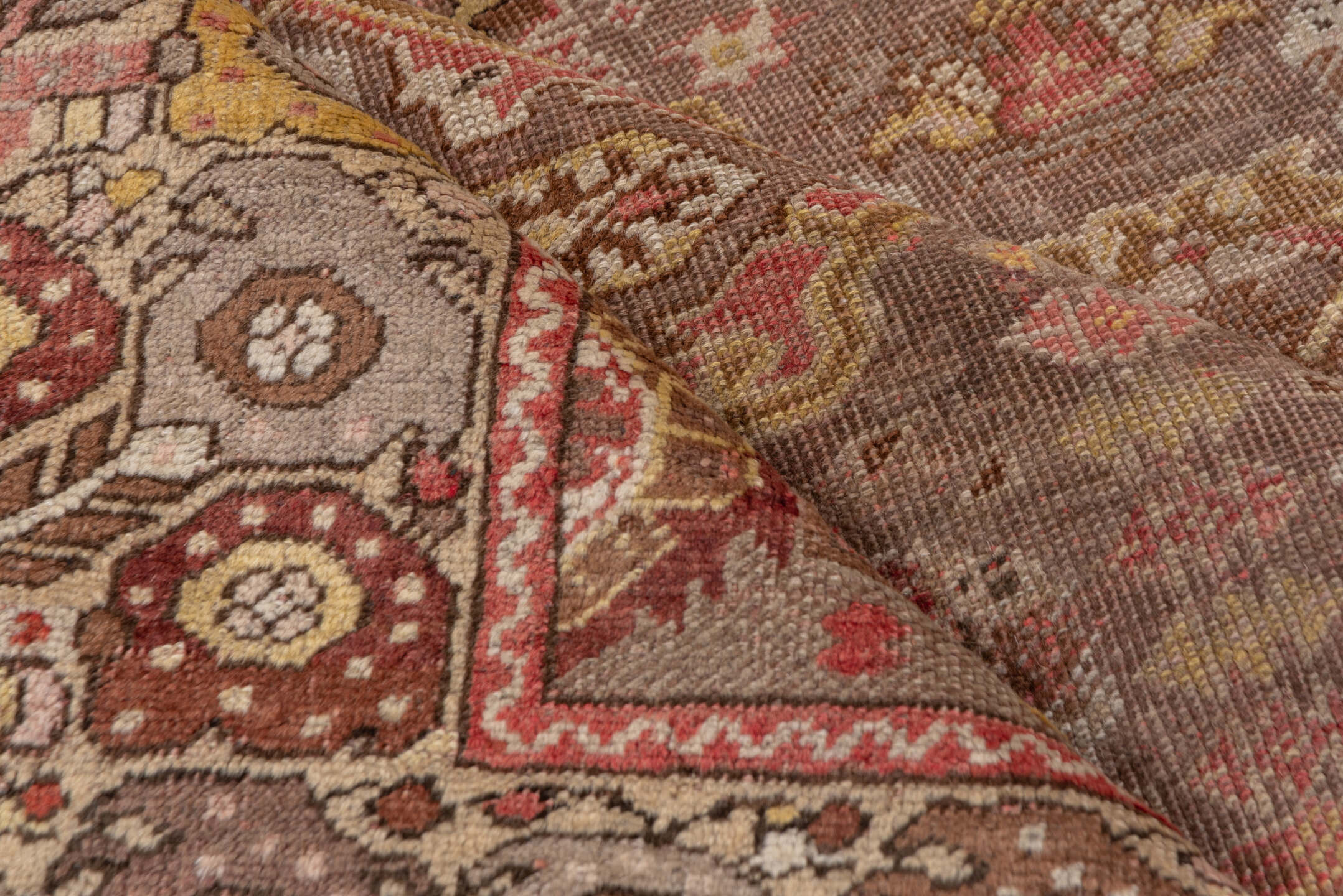 4' x 6' one-of-a-kind handmade vintage Oushak small size rug. Color palette: brown, gray, light gray, off-white, pink, red