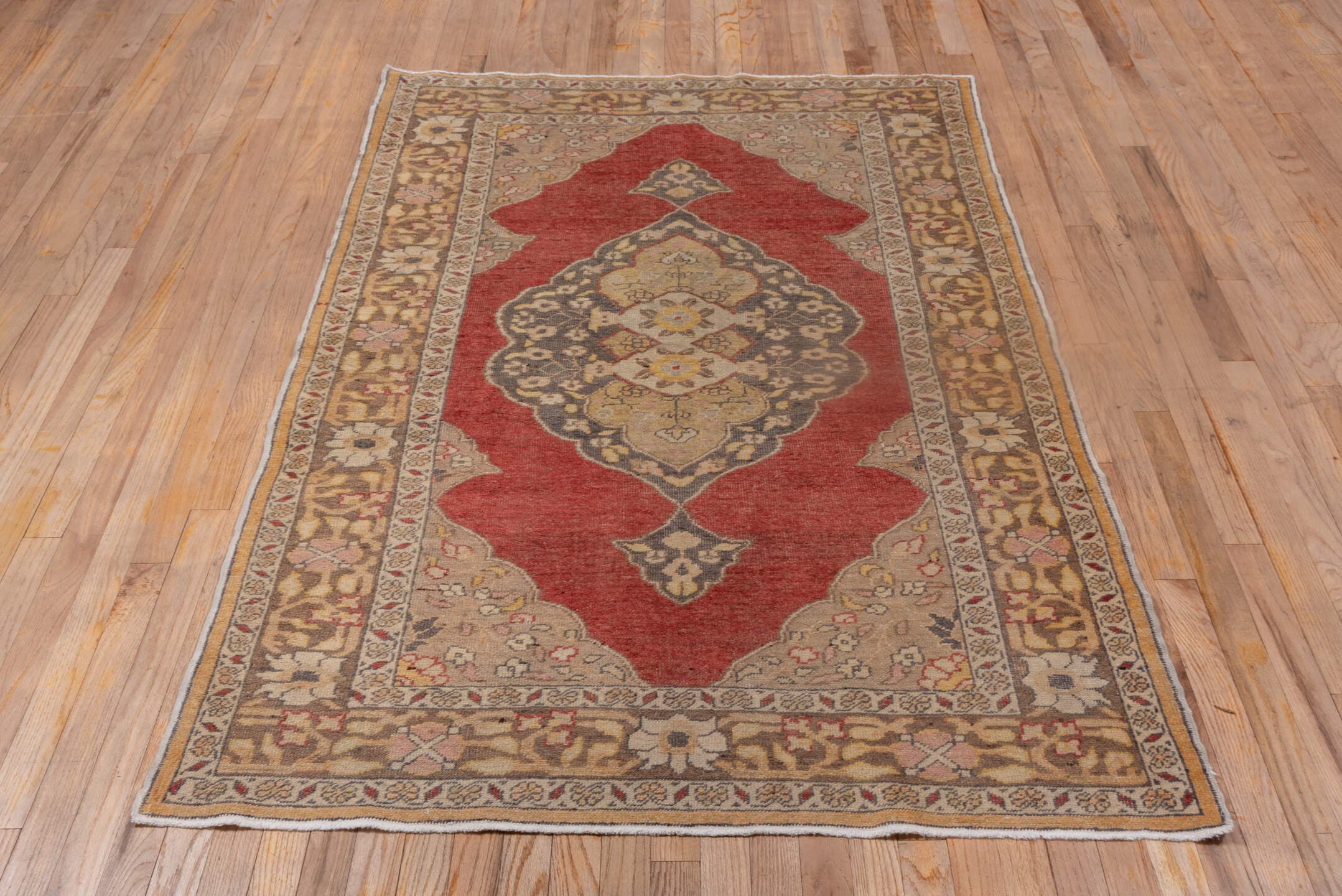 4' x 6' one-of-a-kind handmade vintage Oushak small size rug. Color palette: coral, taupe, ivory, gold, charcoal, camel