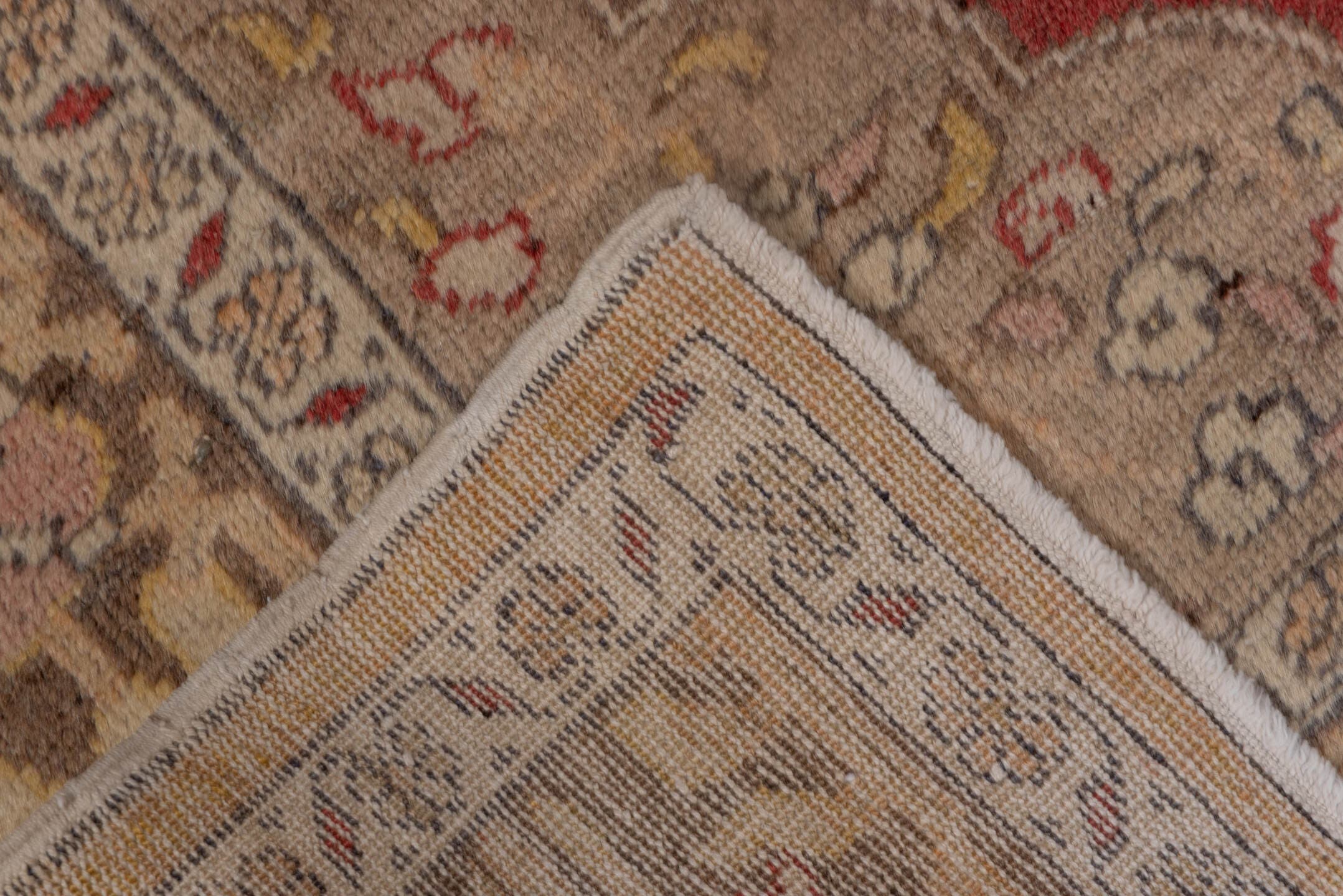4' x 6' one-of-a-kind handmade vintage Oushak small size rug. Color palette: coral, taupe, ivory, gold, charcoal, camel