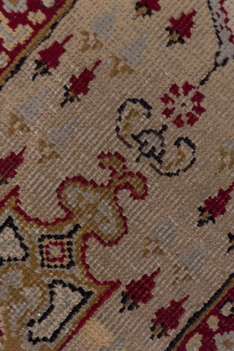 1' x 18' one-of-a-kind handmade vintage Oushak rug. Color palette: ivory, crimson, burgundy, taupe, brown, gold, red, beige