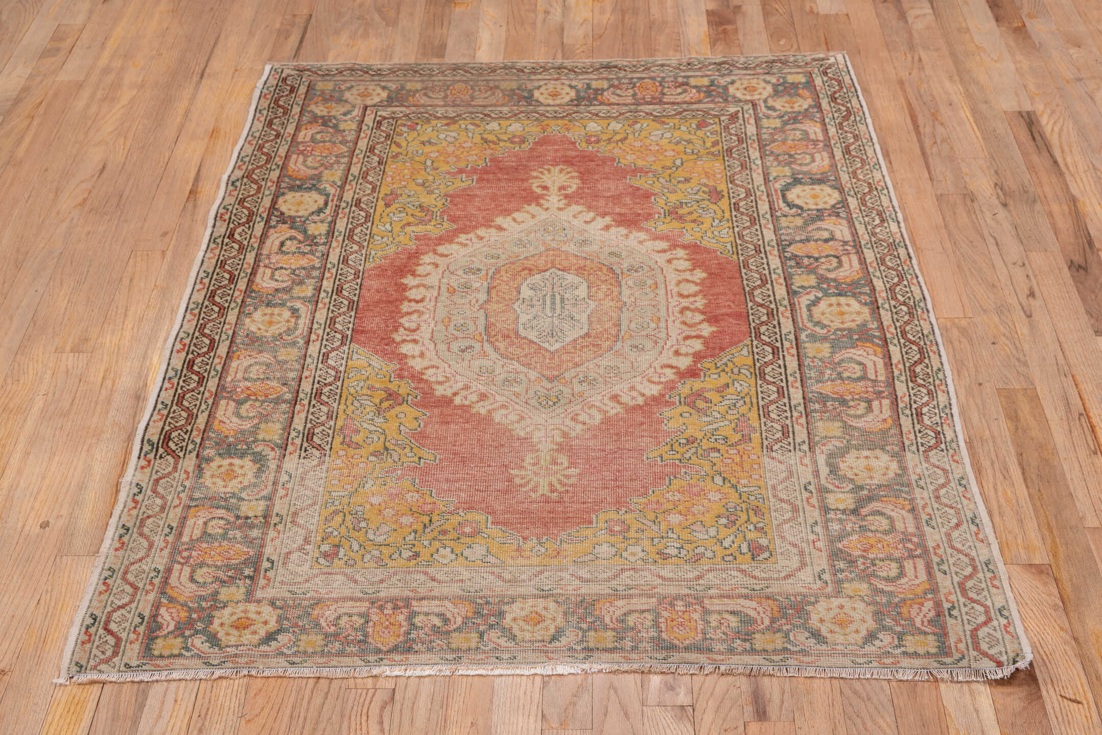 3' x 5' one-of-a-kind handmade vintage Oushak small size rug. Color palette: coral, gold, ivory, blue_gray, taupe, rose