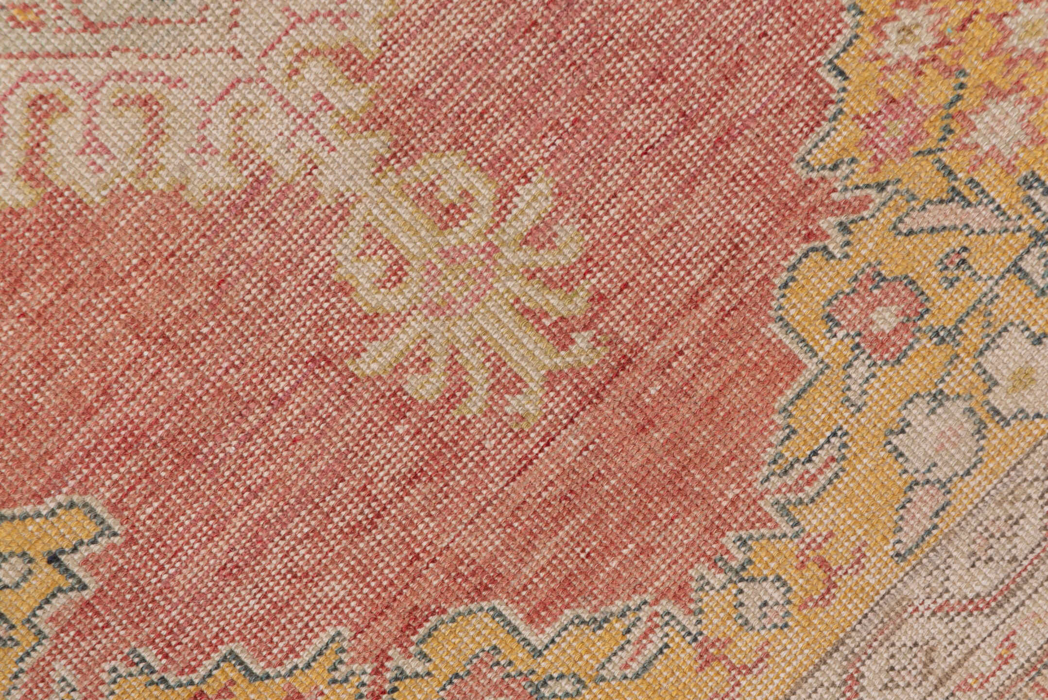 3' x 5' one-of-a-kind handmade vintage Oushak small size rug. Color palette: coral, gold, ivory, blue_gray, taupe, rose