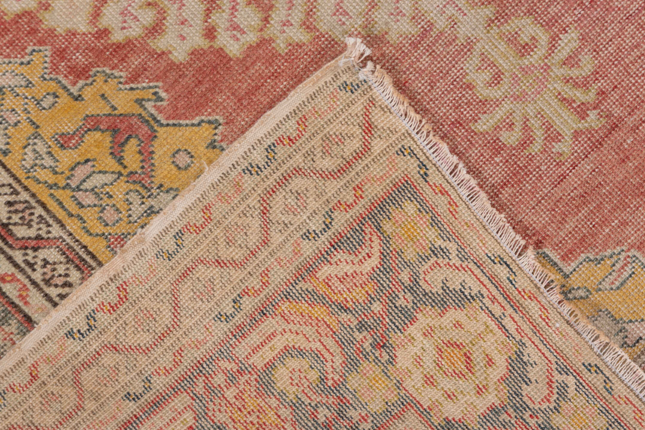 3' x 5' one-of-a-kind handmade vintage Oushak small size rug. Color palette: coral, gold, ivory, blue_gray, taupe, rose