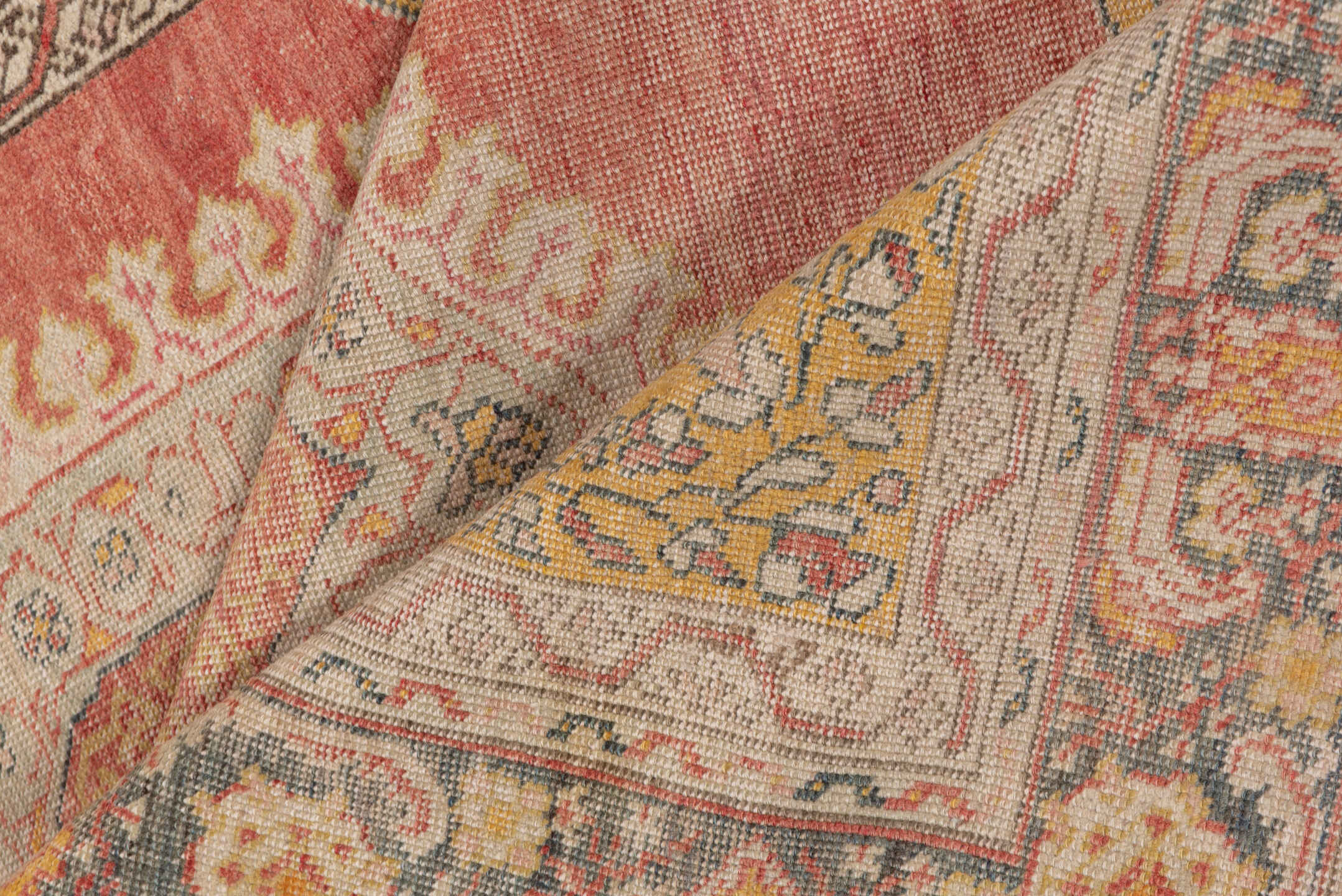 3' x 5' one-of-a-kind handmade vintage Oushak small size rug. Color palette: coral, gold, ivory, blue_gray, taupe, rose