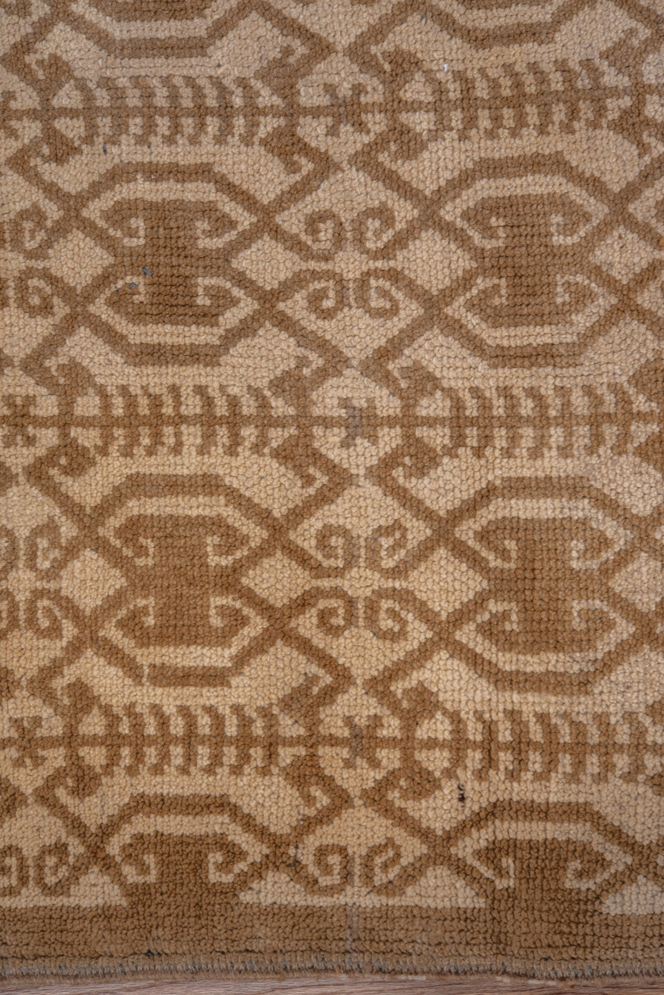 3' x 9' one-of-a-kind handmade vintage Oushak runner rug. Color palette: brown, off-white, orange, snow, tan, white