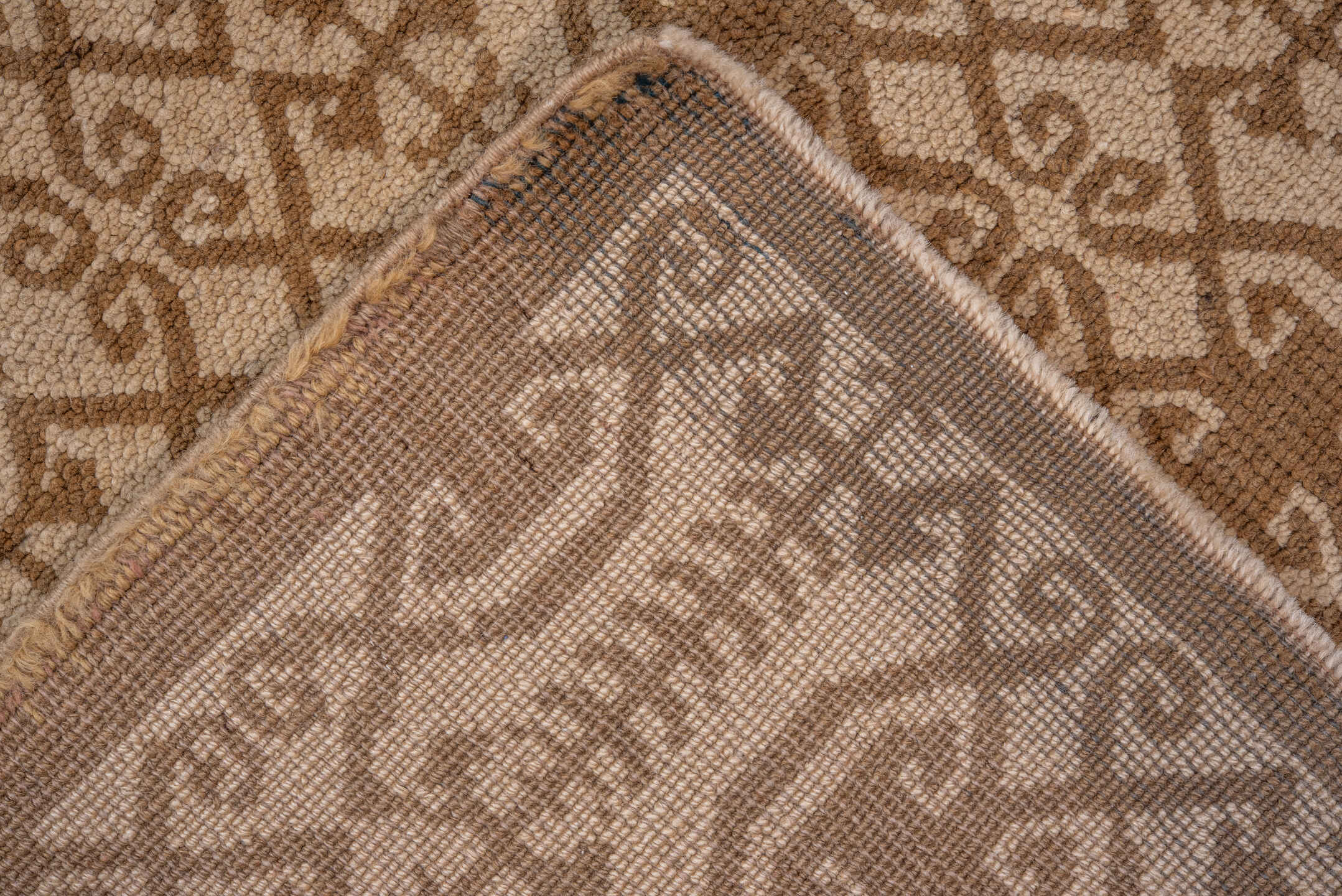 3' x 9' one-of-a-kind handmade vintage Oushak runner rug. Color palette: camel, beige, taupe, sand, gray