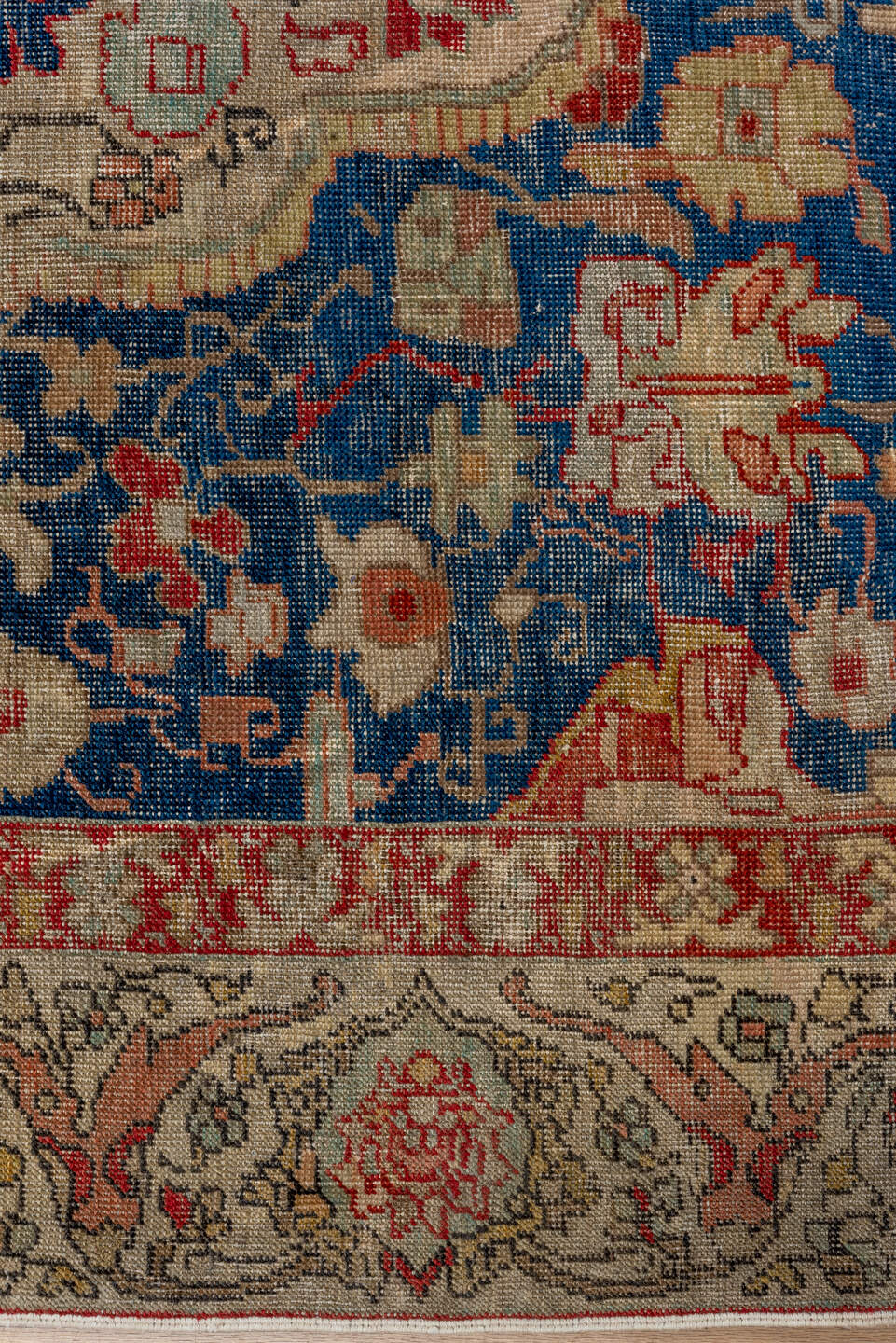 5' x 9' one-of-a-kind handmade vintage Oushak medium size rug. Color palette: ivory, navy, coral, beige, rose, gold, blue