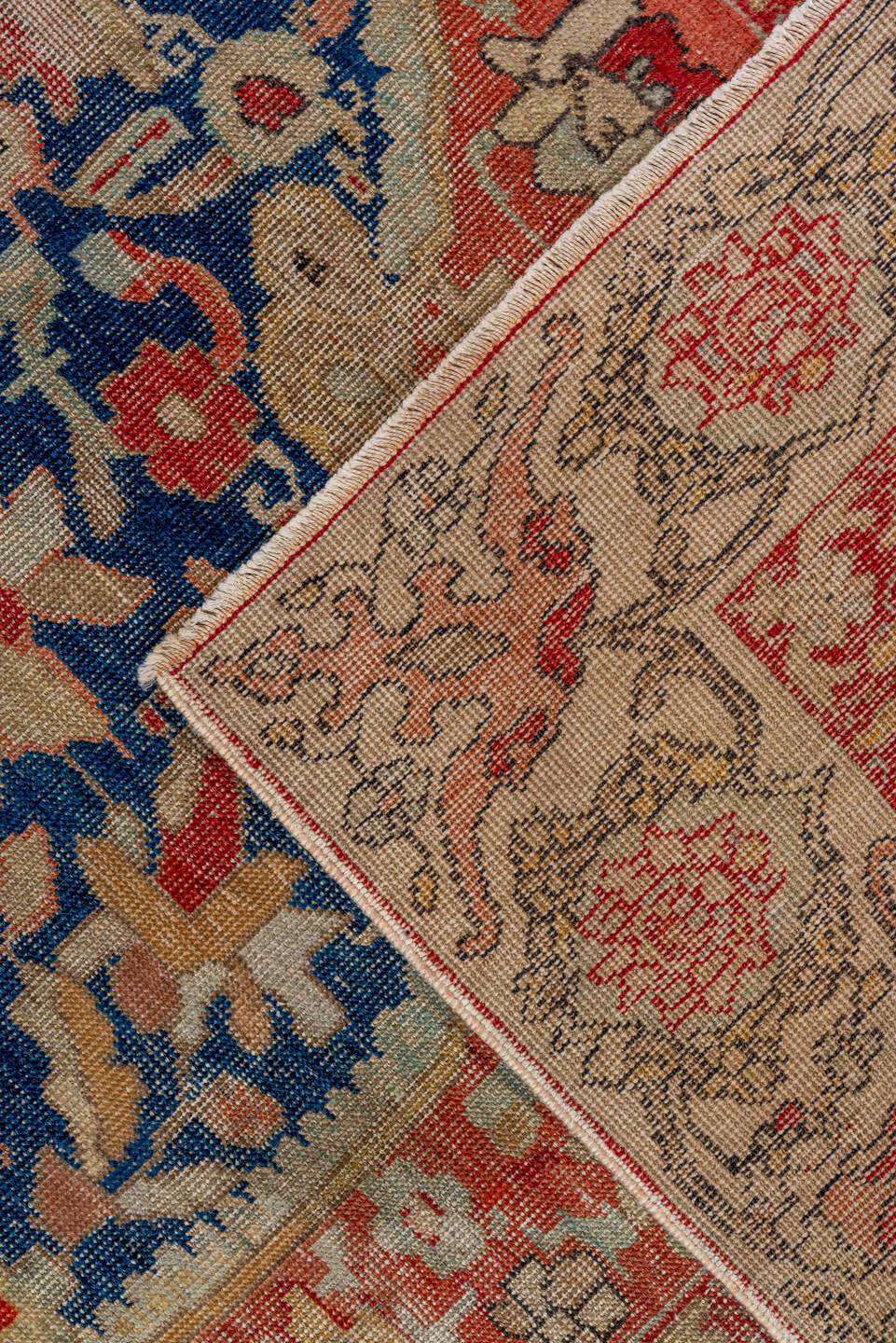 5' x 9' one-of-a-kind handmade vintage Oushak medium size rug. Color palette: ivory, navy, coral, beige, rose, gold, blue