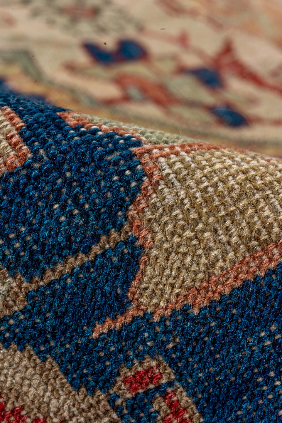5' x 9' one-of-a-kind handmade vintage Oushak medium size rug. Color palette: ivory, navy, coral, beige, rose, gold, blue