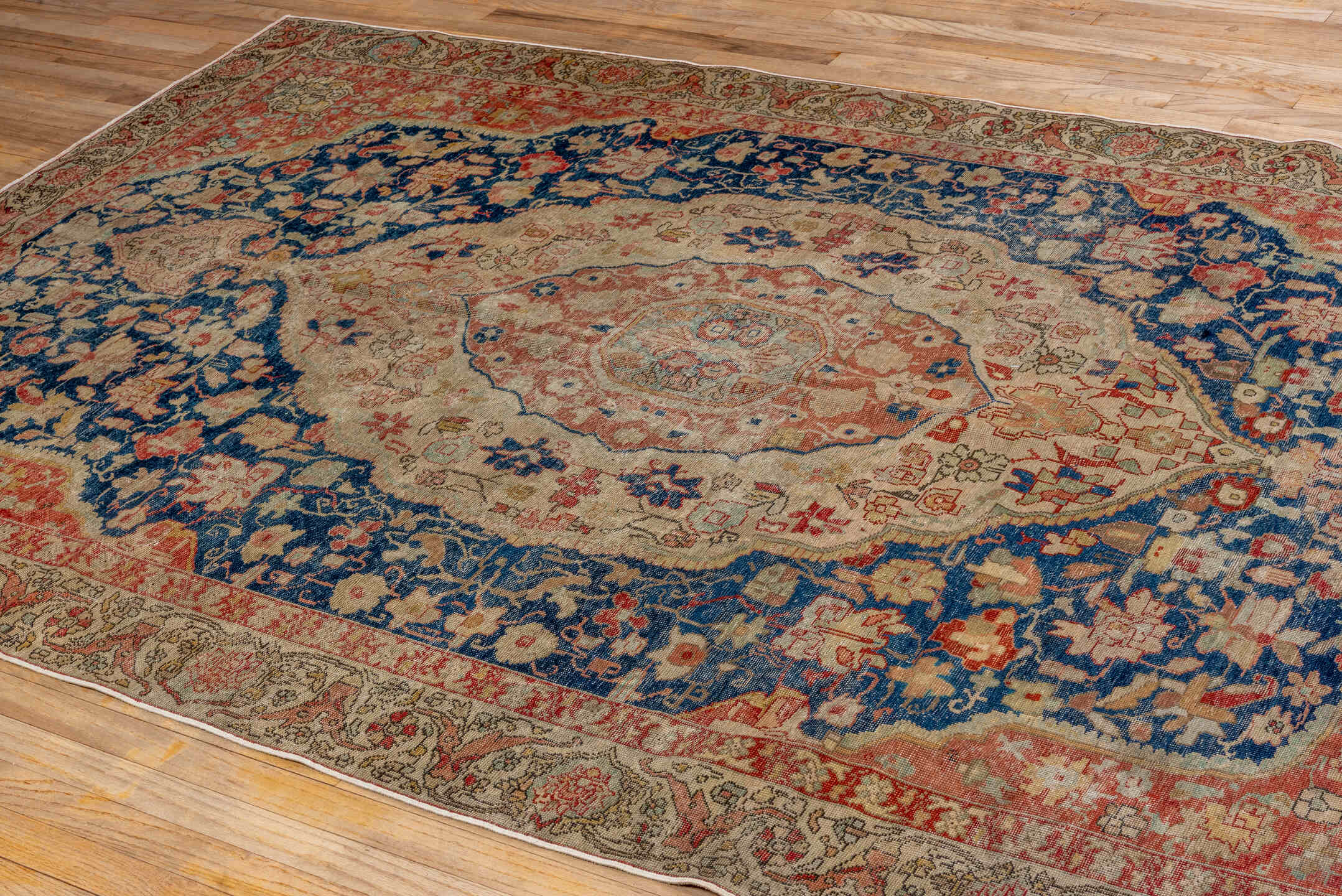 5' x 9' one-of-a-kind handmade vintage Oushak medium size rug. Color palette: ivory, navy, coral, beige, rose, gold, blue