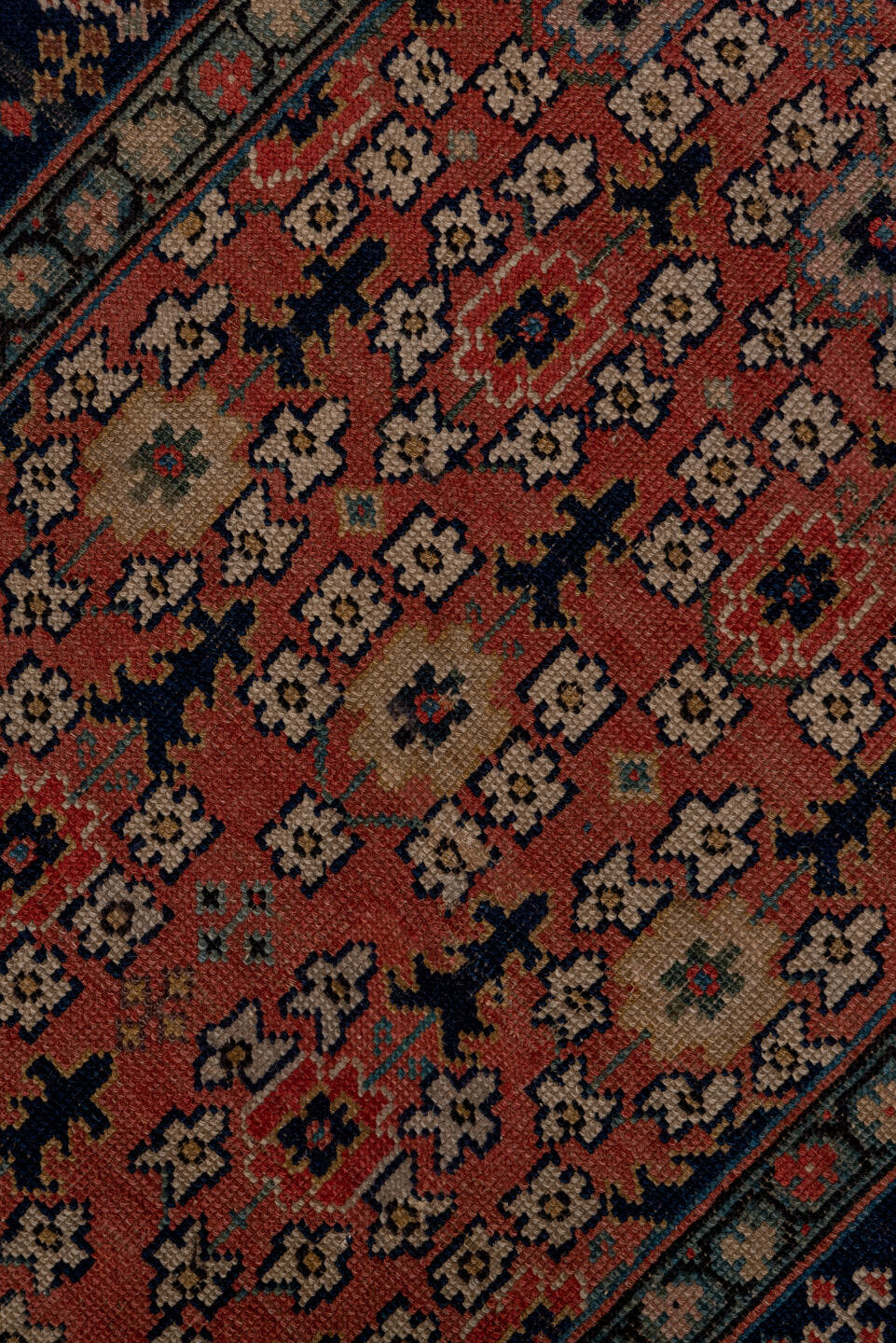 3' x 19' one-of-a-kind handmade vintage Shirvan runner rug. Color palette: rust, navy, ivory, camel, terracotta, charcoal