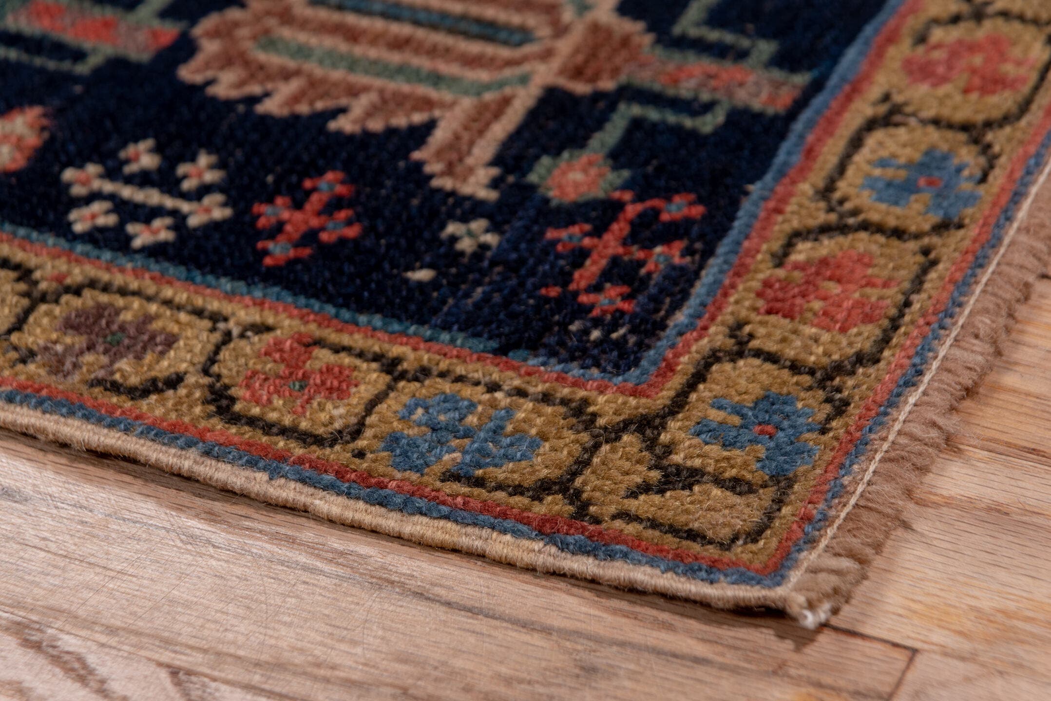 3' x 19' one-of-a-kind handmade vintage Shirvan runner rug. Color palette: rust, navy, ivory, camel, terracotta, charcoal