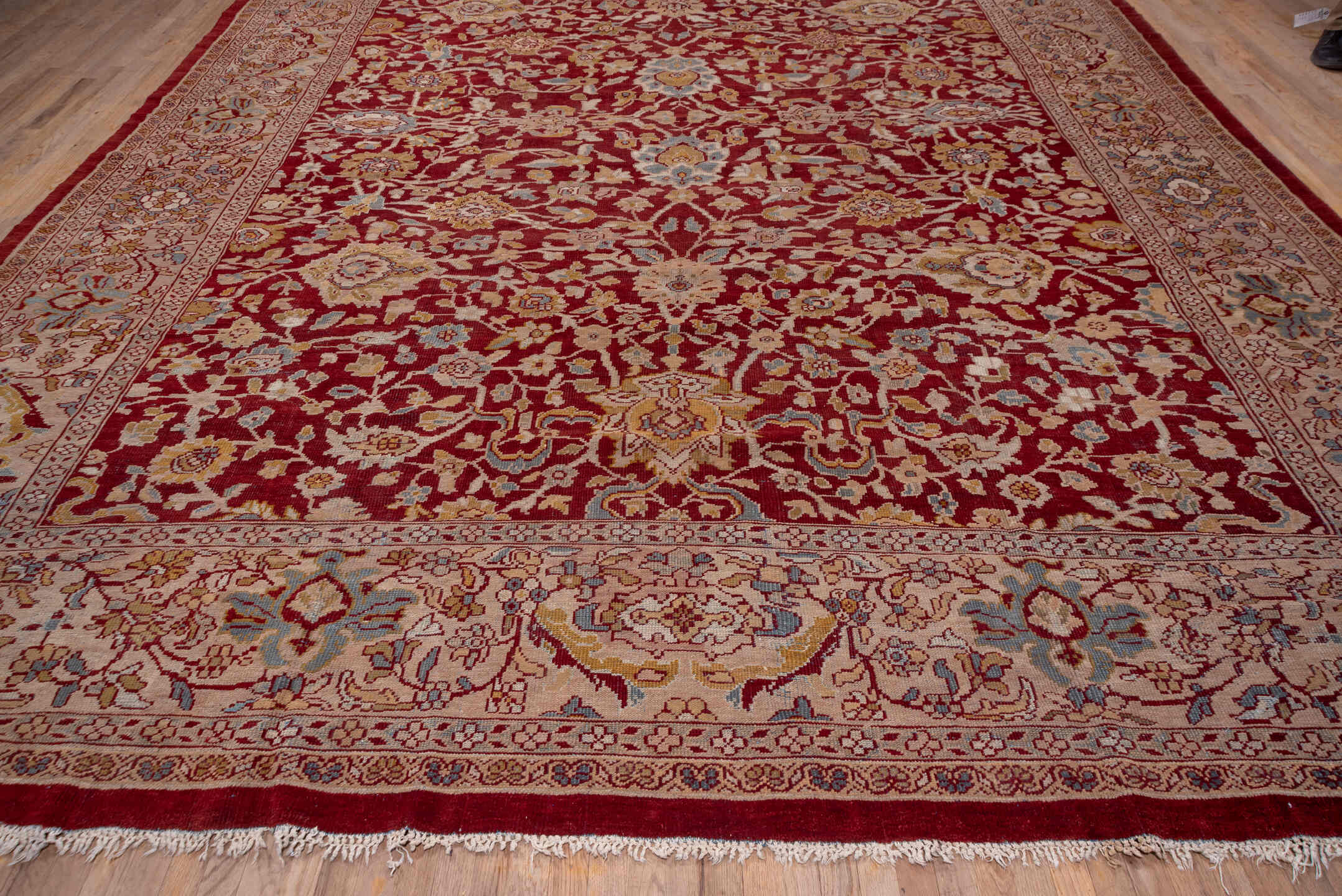 13' x 17' one-of-a-kind handmade antique Sultanabad oversize rug. Color palette: burgundy, ivory, camel, gold, powder_blue