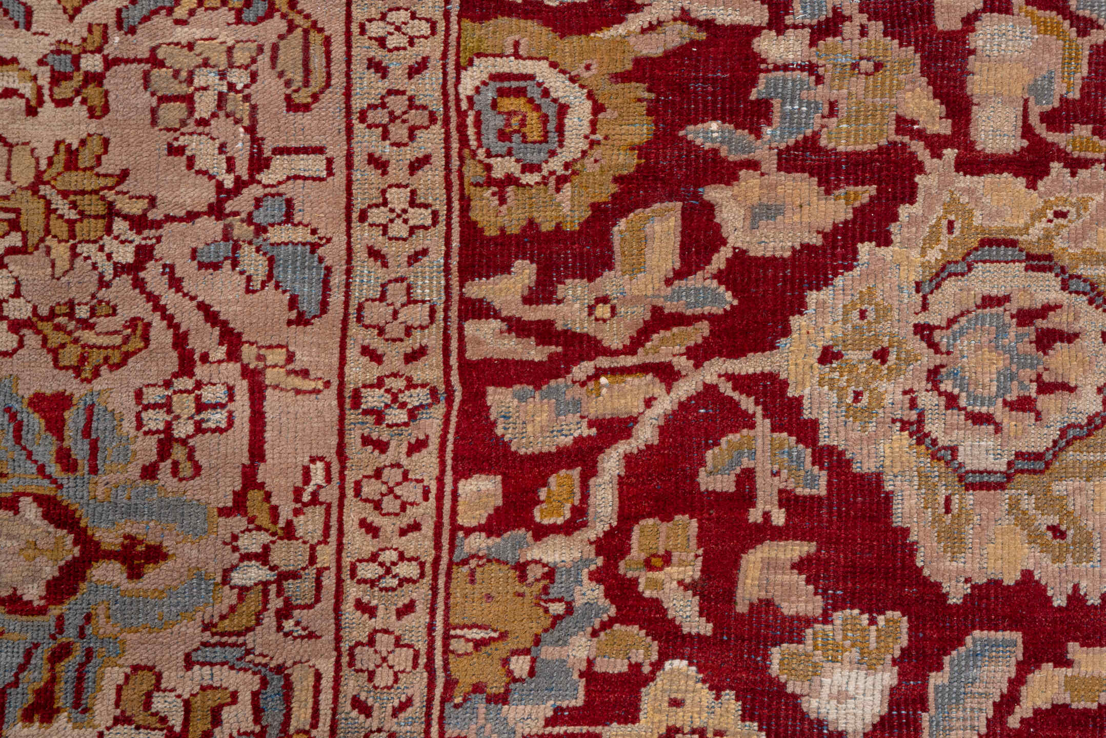 13' x 17' one-of-a-kind handmade antique Sultanabad oversize rug. Color palette: burgundy, ivory, camel, gold, powder_blue