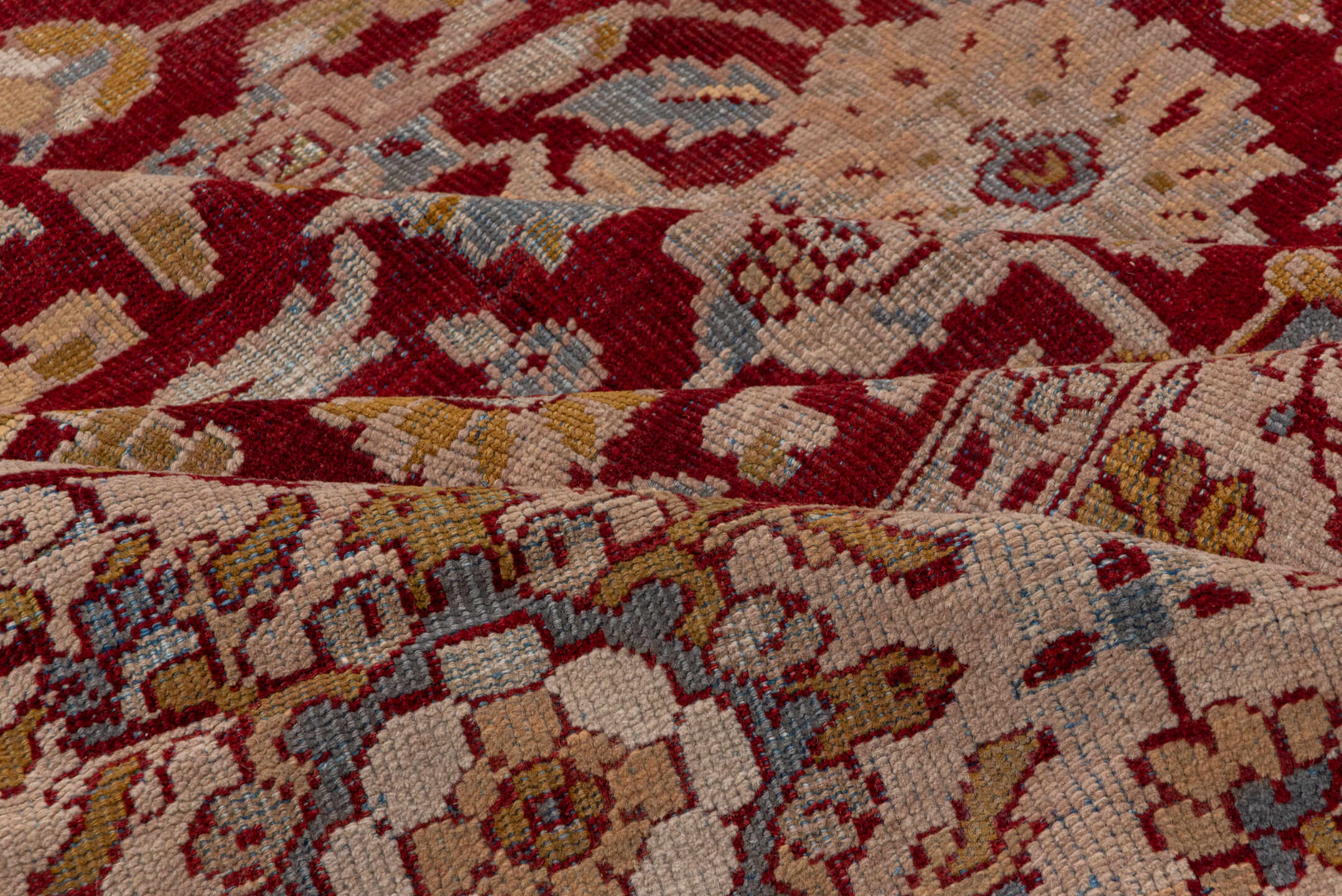 13' x 17' one-of-a-kind handmade antique Sultanabad oversize rug. Color palette: burgundy, ivory, camel, gold, powder_blue