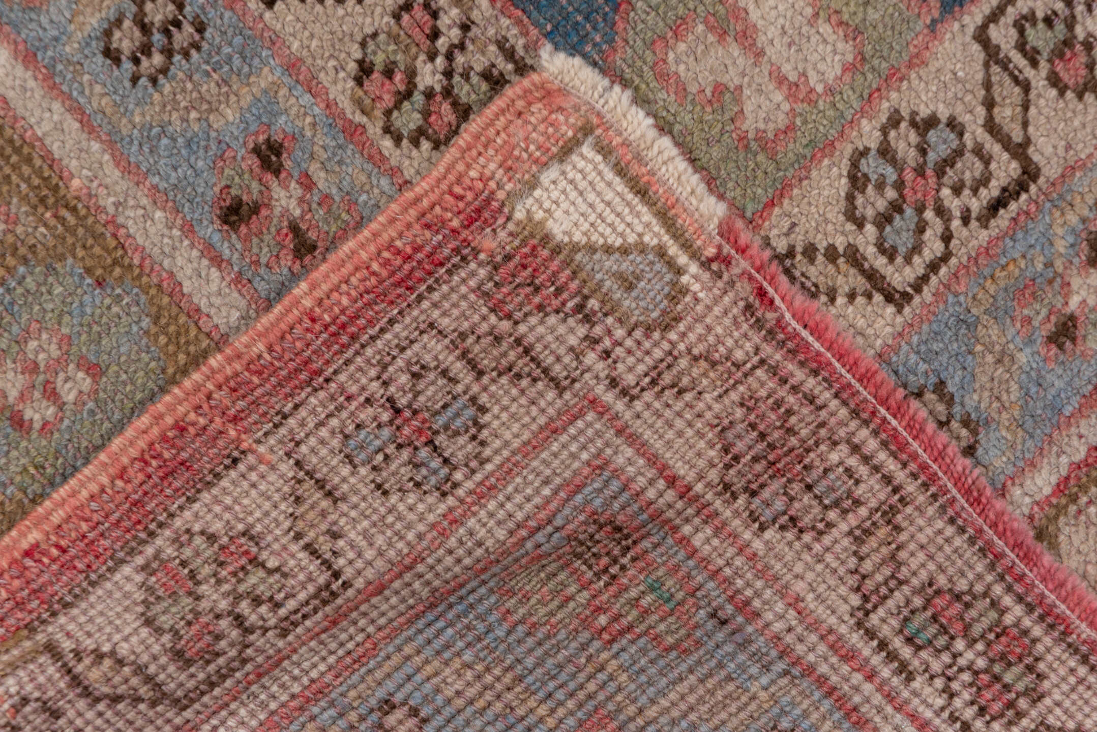 7' x 11' one-of-a-kind handmade vintage Oushak large size rug. Color palette: rose, powder_blue, taupe, ivory, dusty_blue