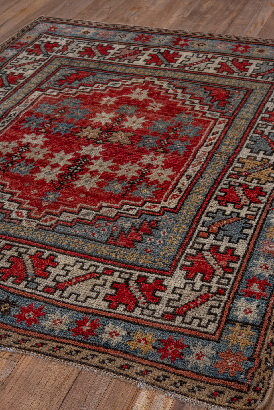 4' x 5' one-of-a-kind handmade vintage Oushak small size rug. Color palette: red, ivory, light blue, taupe, brown, charcoal