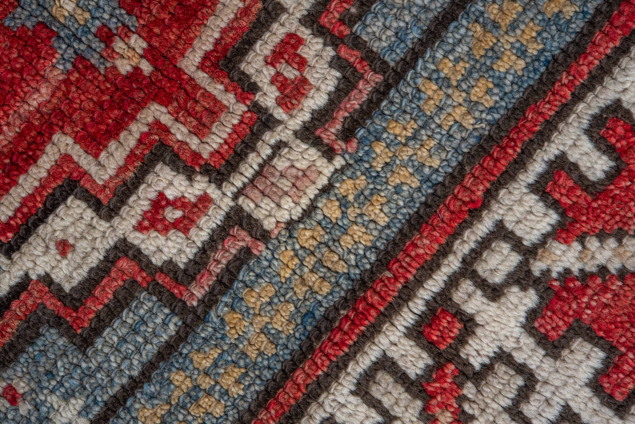 4' x 5' one-of-a-kind handmade vintage Oushak small size rug. Color palette: red, ivory, light blue, taupe, brown, charcoal