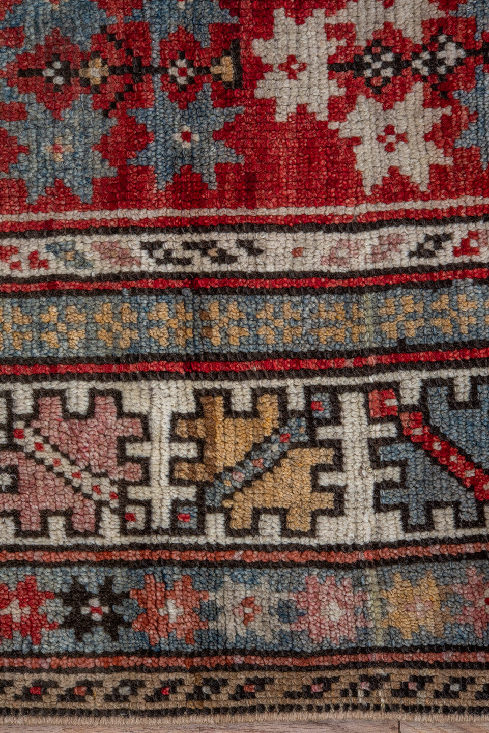 4' x 5' one-of-a-kind handmade vintage Oushak small size rug. Color palette: red, ivory, light blue, taupe, brown, charcoal