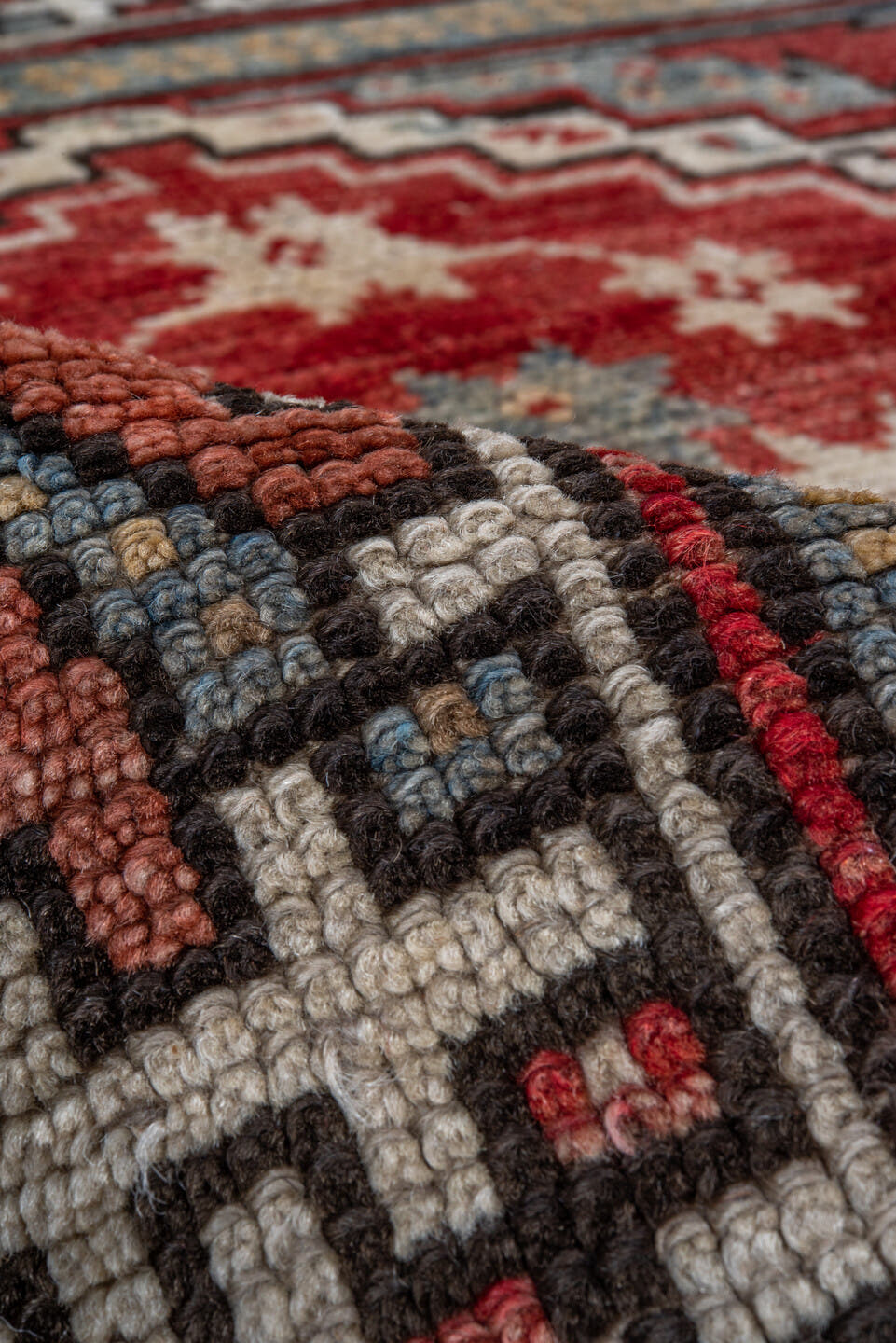 4' x 5' one-of-a-kind handmade vintage Oushak small size rug. Color palette: red, ivory, light blue, taupe, brown, charcoal